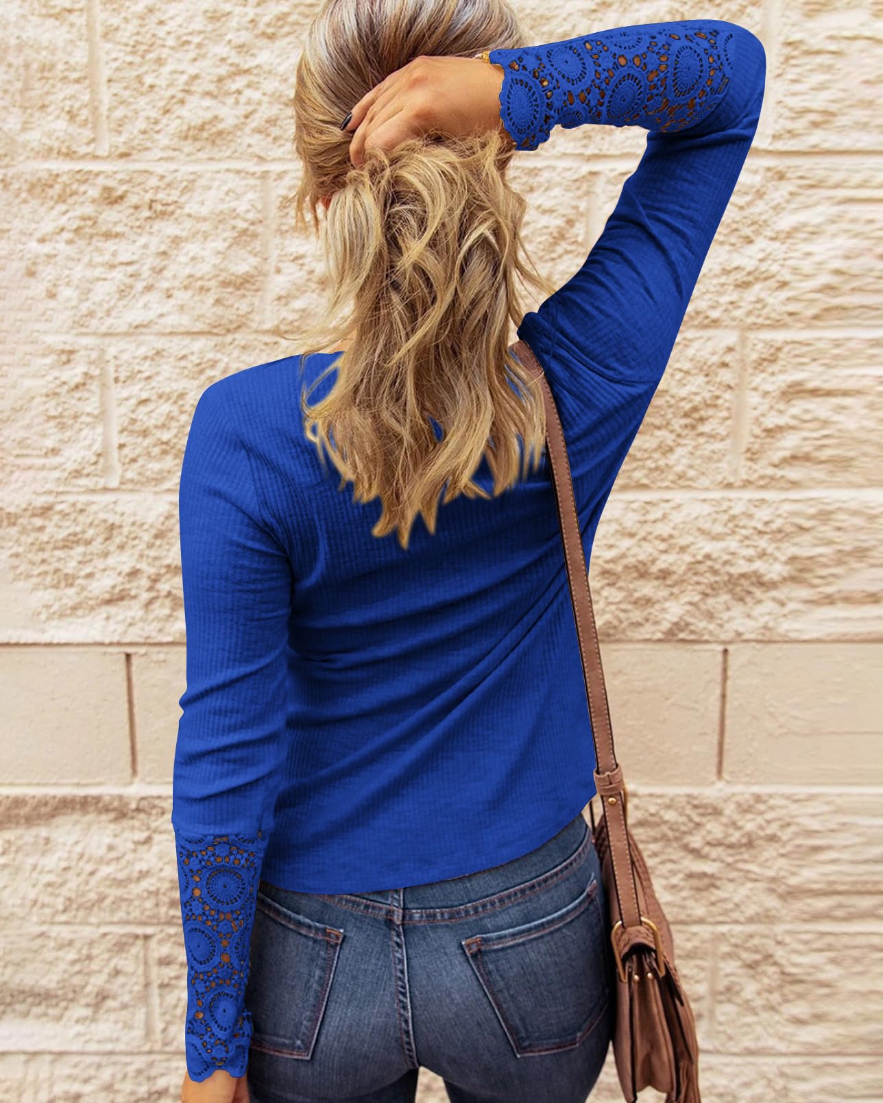 FreshPretty Women Long Sleeve Shirts Spring Solid Button Up V Neck Lace Long Sleeves Slim Fit Knit Casual Fall T-Shirts