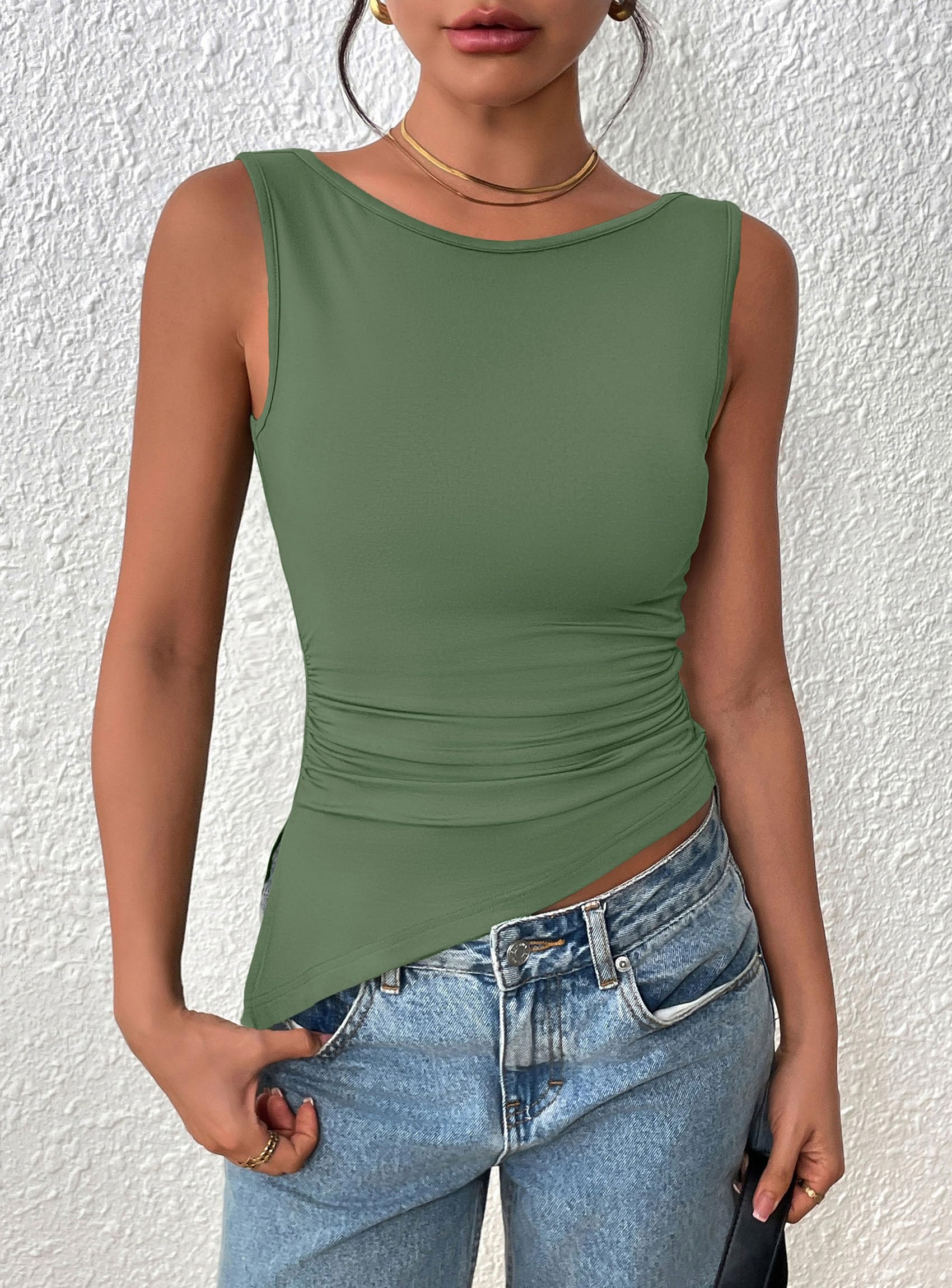 PRETTYGARDEN Womens Ruched Tank Tops  Summer Sleeveless Slim Fit T Shirts Blouses Going Out Y2K Fashion Clothes