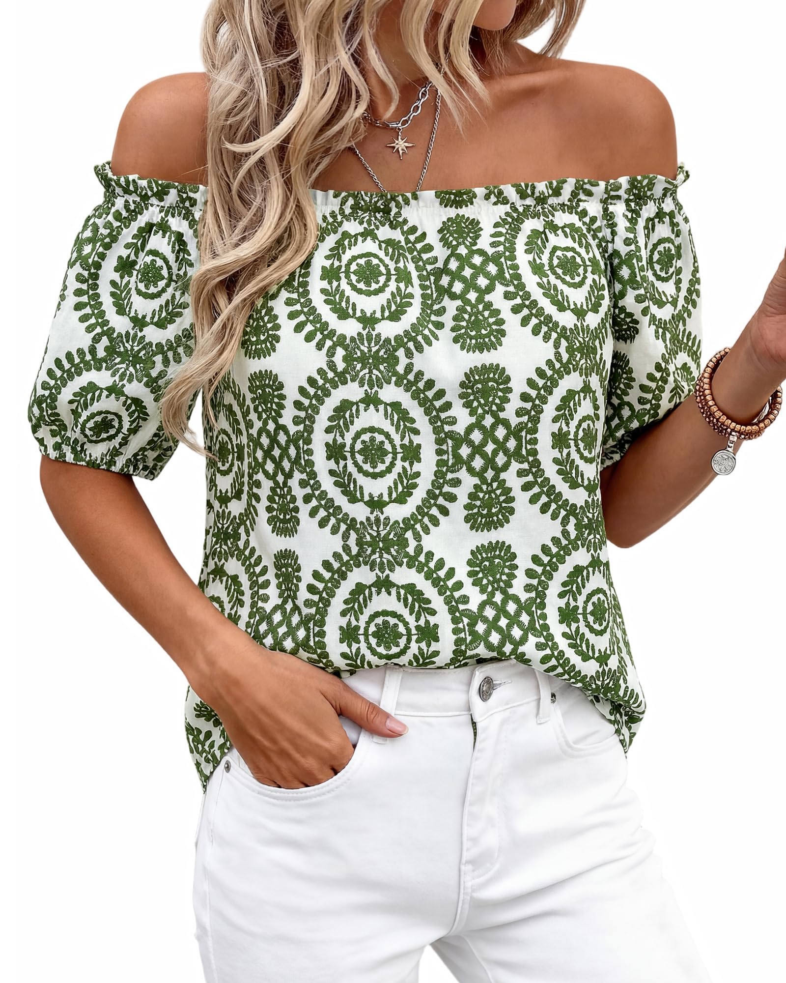 BTFBM Off The Shoulder Spring Tops for Women Summer Blouses Boho Floral Short Sleeve Shirts Dressy Casual Outfits