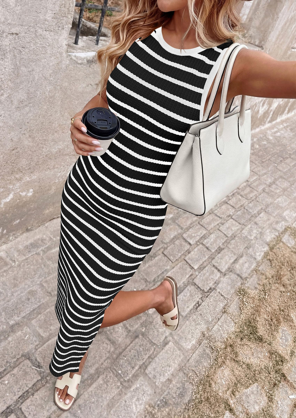 PRETTYGARDEN Sundresses for Women  Summer Striped Knit Side Slit Spring Fashion Bodycon Maxi Dress Beach Vacation Clothes