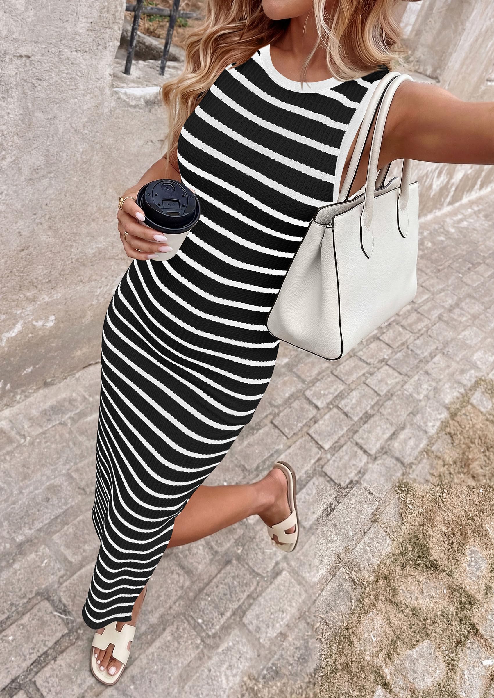 PRETTYGARDEN Sundresses for Women  Summer Striped Knit Side Slit Spring Fashion Bodycon Maxi Dress Beach Vacation Clothes