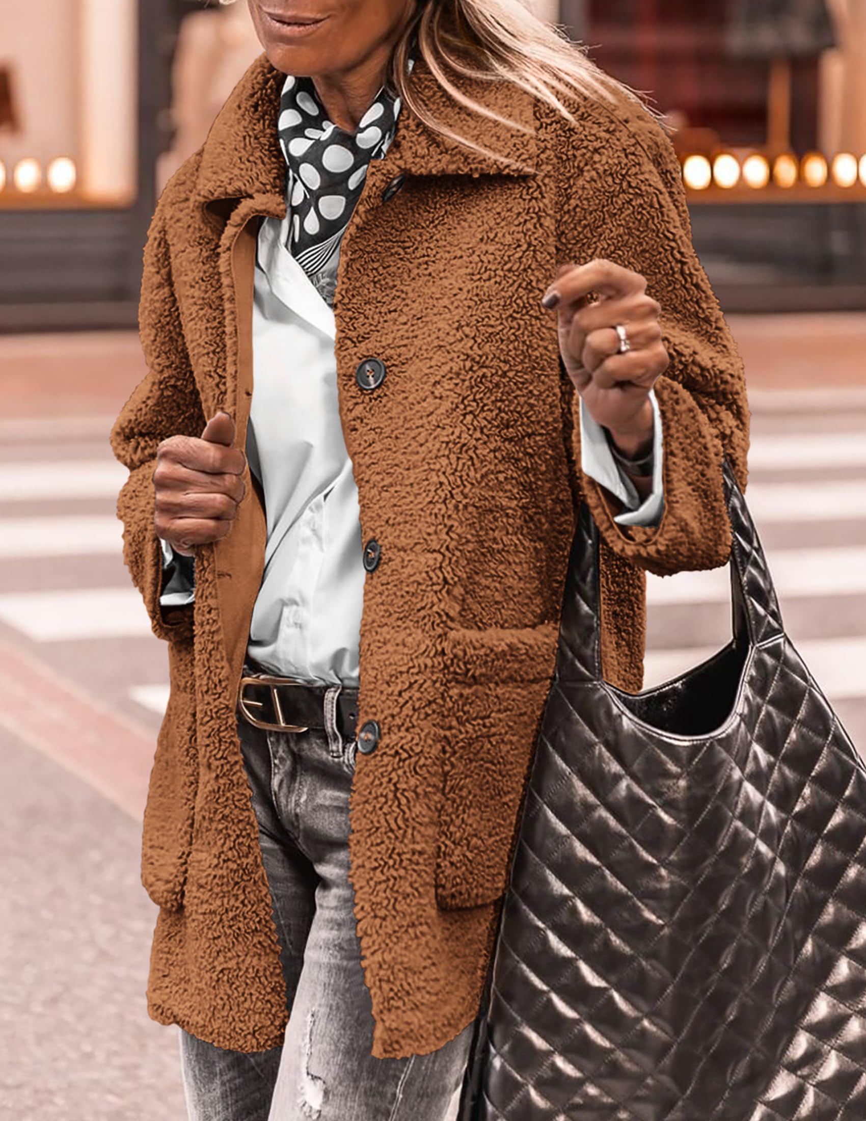 PRETTYGARDEN Women's Winter Faux Fur Coats Long Sleeve Lapel Button Down Pockets Fleece Sherpa Jacket Casual Trendy Outerwear