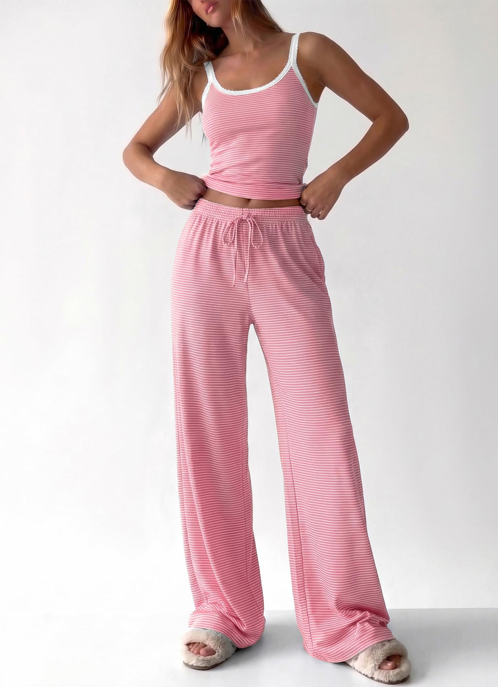 BTFBM Lounge Sets For Women Striped 2 Piece Pajama Sets Spaghetti Strap Tops Wide Leg Pants Beach Vacation Outfits