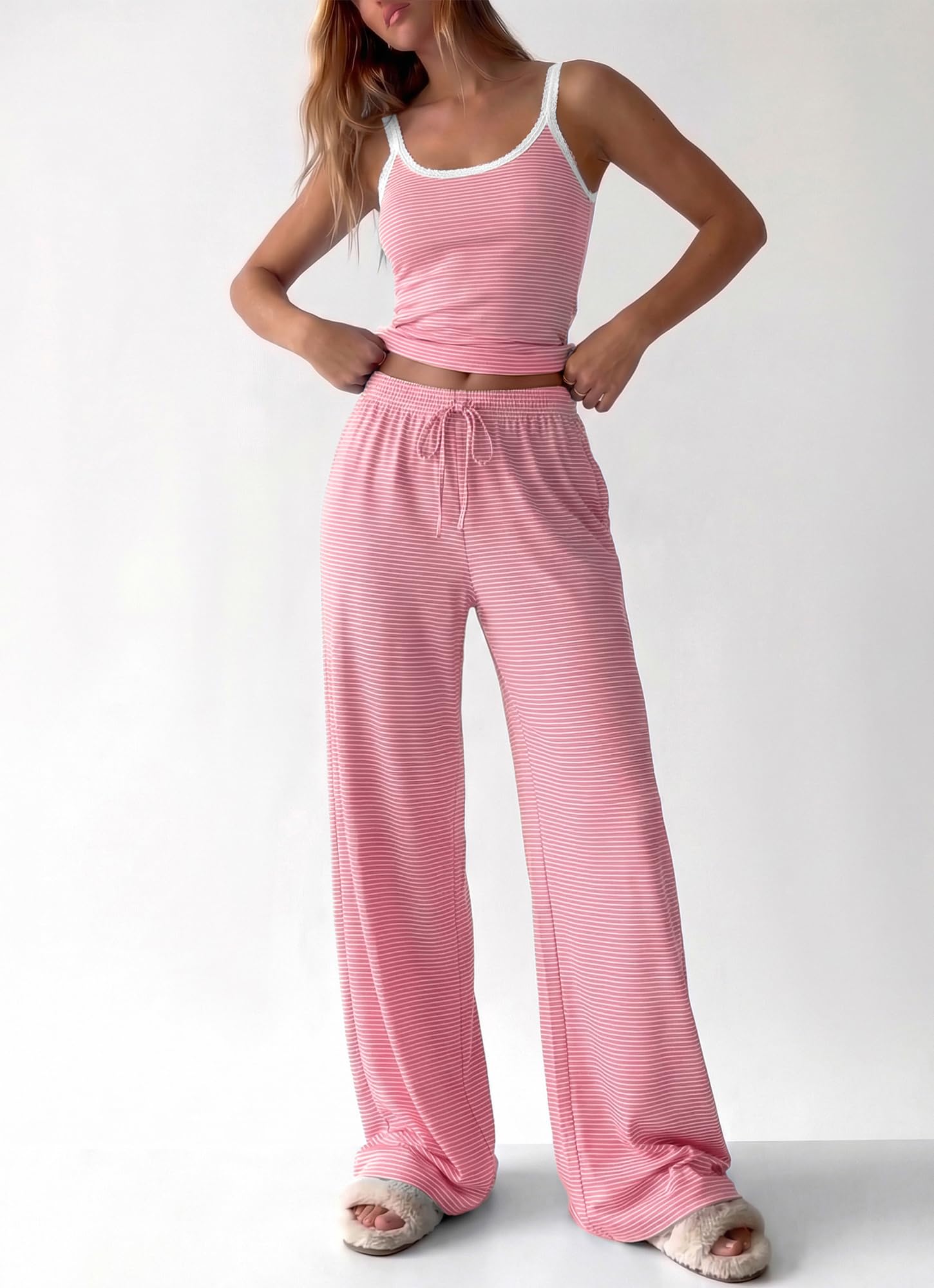 BTFBM Lounge Sets For Women Striped 2 Piece Pajama Sets Spaghetti Strap Tops Wide Leg Pants Beach Vacation Outfits