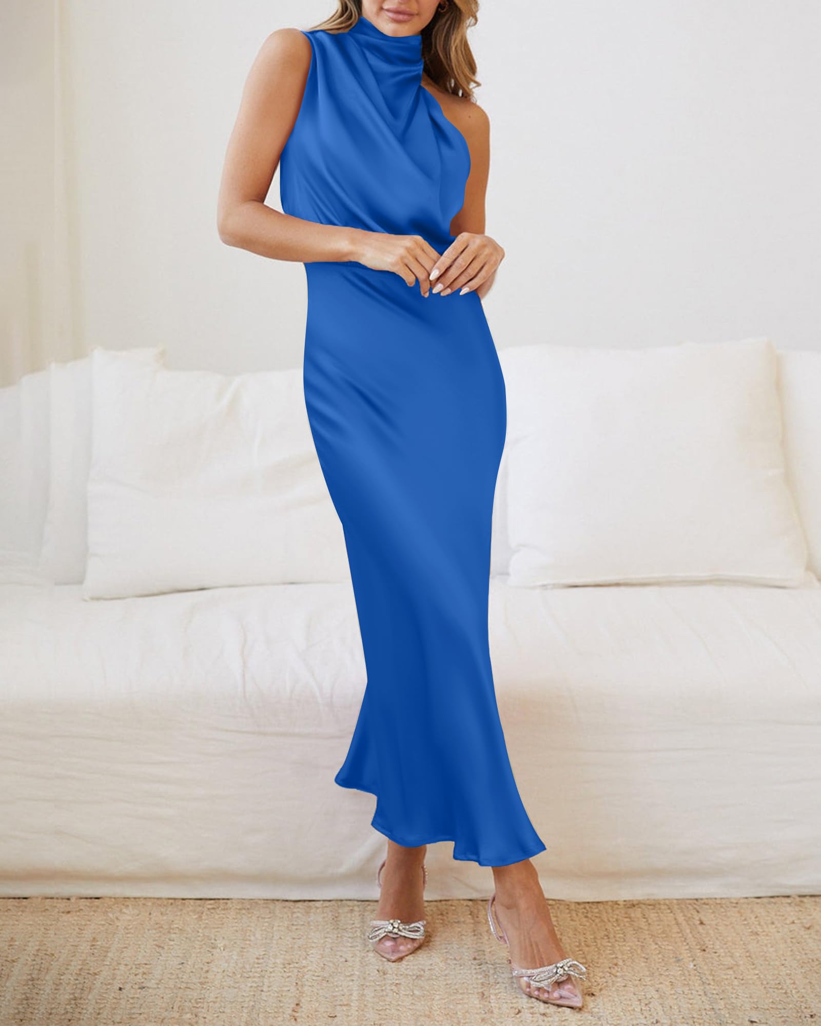 BTFBM Cocktail Dresses for Women Summer Satin Silk Sleeveless Mock Neck Maxi Wedding Guest Dress Spring Outfits