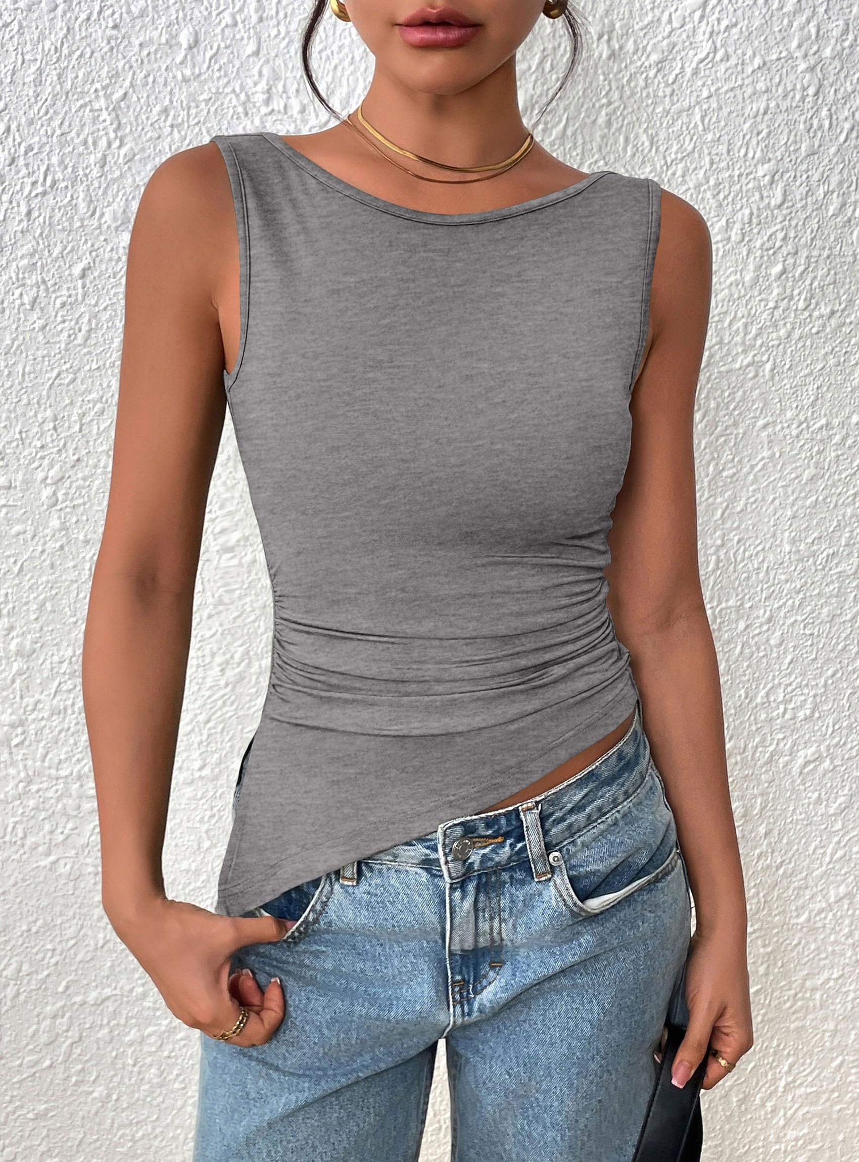 PRETTYGARDEN Womens Ruched Tank Tops  Summer Sleeveless Slim Fit T Shirts Blouses Going Out Y2K Fashion Clothes