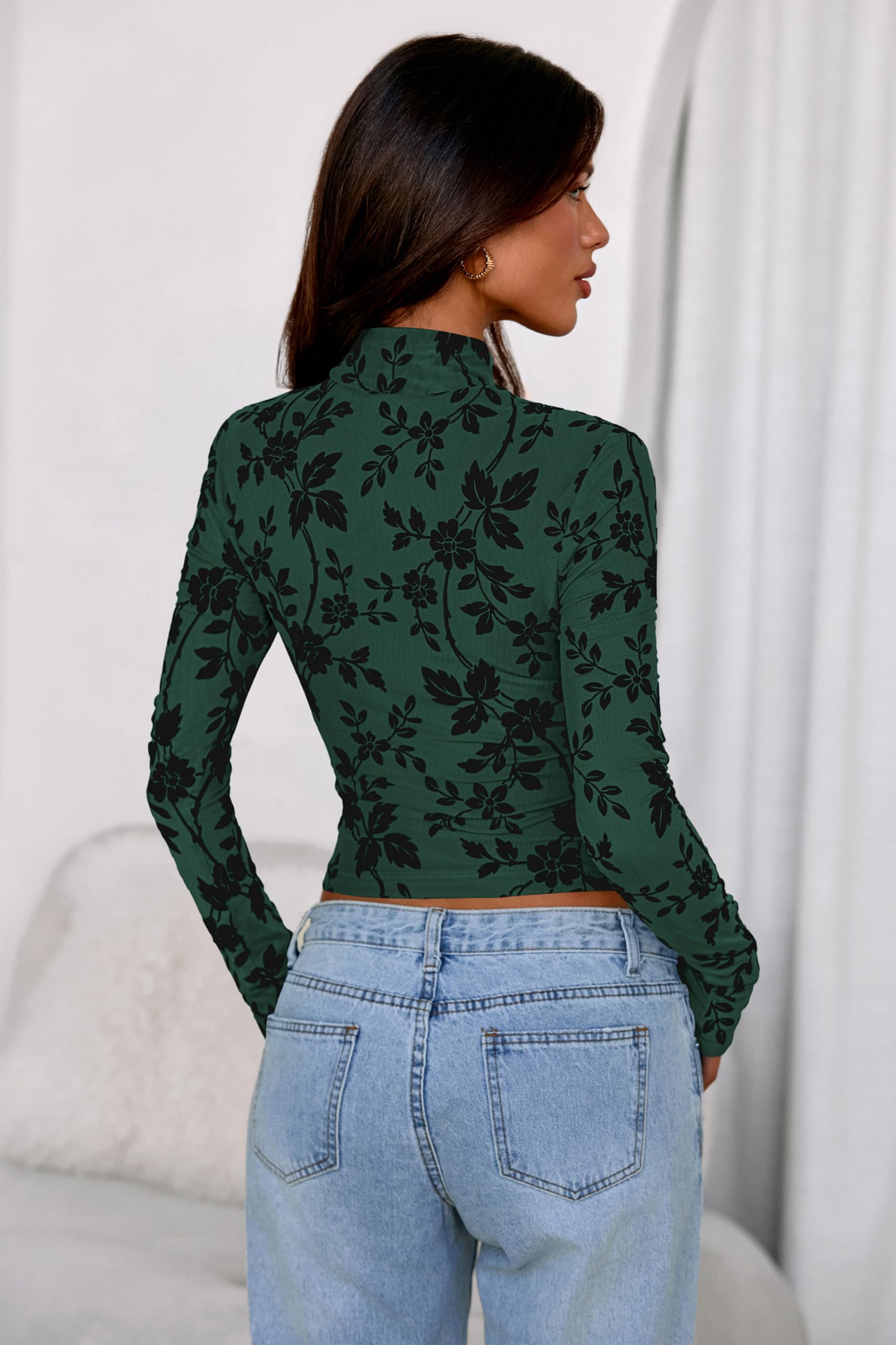 FreshPretty Mesh Long Sleeve Tops for Women Trendy Mock Neck Crop Going Out Fitted Floral Shirts Fall Fashion Clothing