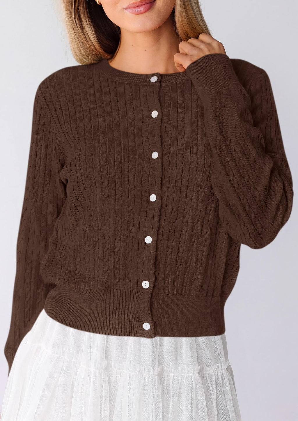 PRETTYGARDEN Women Lightweight Button Up Cardigan Sweaters | Soft Stretchy, Cozy Cable Knit, Long Sleeve Crew Neck, Trendy Cardigans, Cute Casual Outfits, Early Fall Fashion Clothing