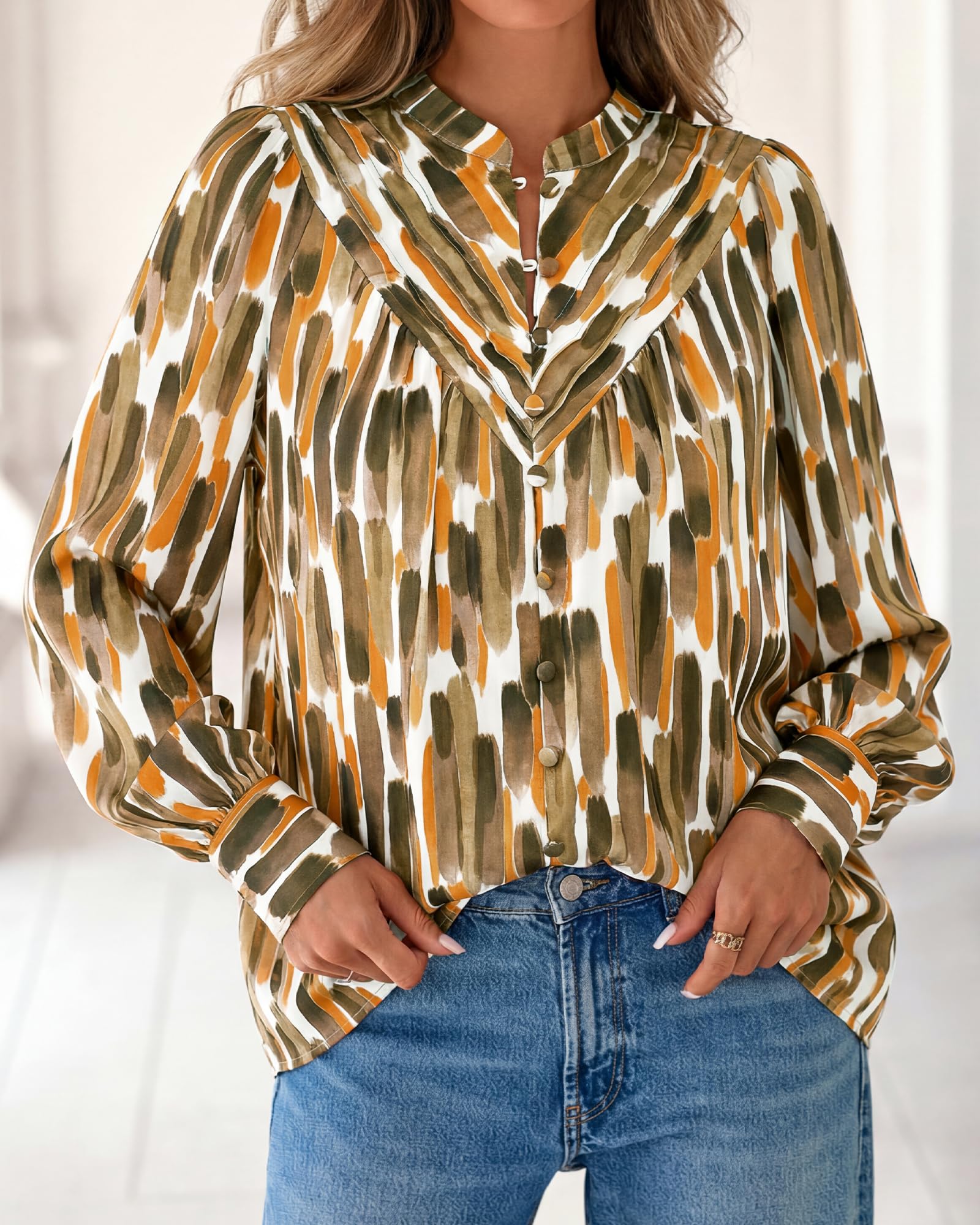 BTFBM Womens Tops Dressy Casual Spring Boho Floral V Neck Long Sleeve Half Button Down Shirt Work Business Blouses