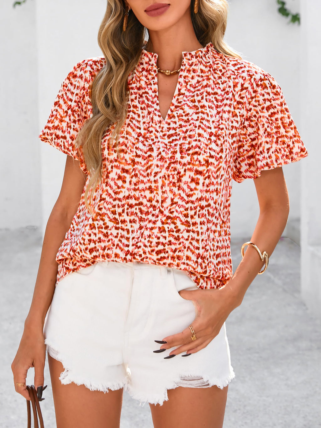PRETTYGARDEN Boho Short Sleeve Floral Work Blouses for Women Dressy Casual V Neck Puff Sleeve Loose Chiffon Flowy Tops Shirts