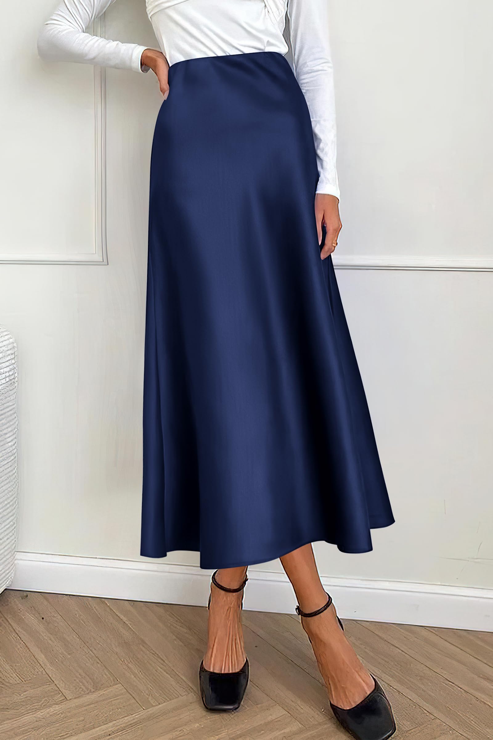 PRETTYGARDEN Women's Satin Skirts Dressy Casual Fall High Waisted Cocktail Wedding Flowy Elegant A Line Midi Skirt