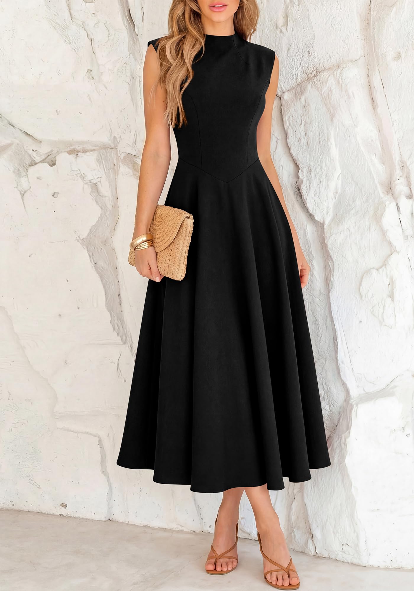 BTFBM Summer Dresses for Women Mock Neck Sleeveless High Waist Flowy Aline Maxi Spring Wedding Guest Dress Cocktail