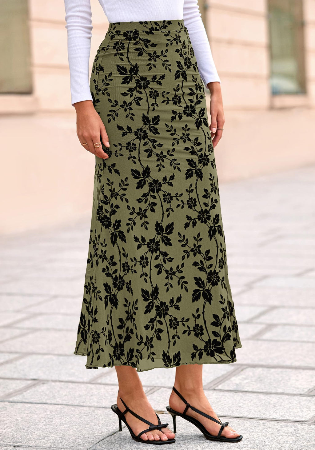 BTFBM Womens Floral Mesh Maxi Skirt Spring Summer Elastic High Waisted Boho Elegant Mermaid Long Skirts for Women