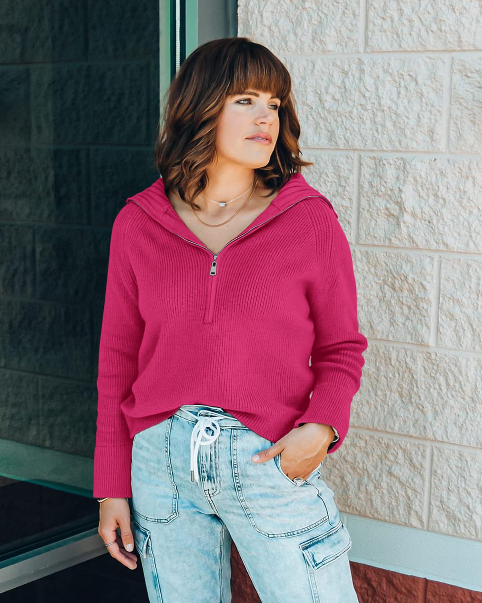 FreshPretty Womens Sweaters Quarter Zip Pullover V Neck Collar Long Sleeve Ribbed Knit Loose Casual Winter Fall Sweater