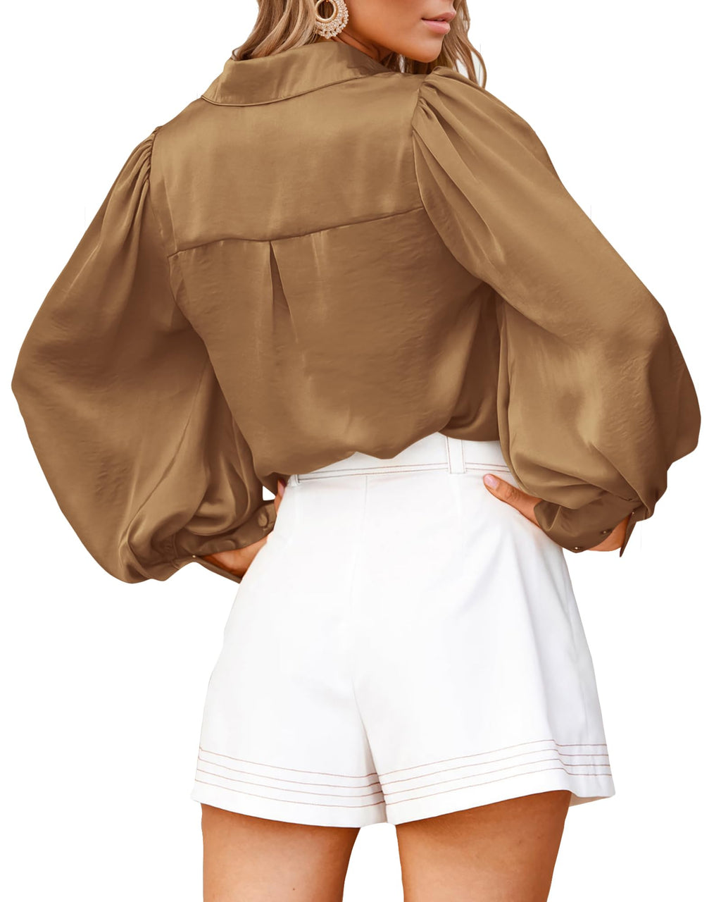 BTFBM Women Satin Blouses Summer Fall Clothes Button Down Lantern Long Sleeve Shirts Work Business Casual Dressy Tops