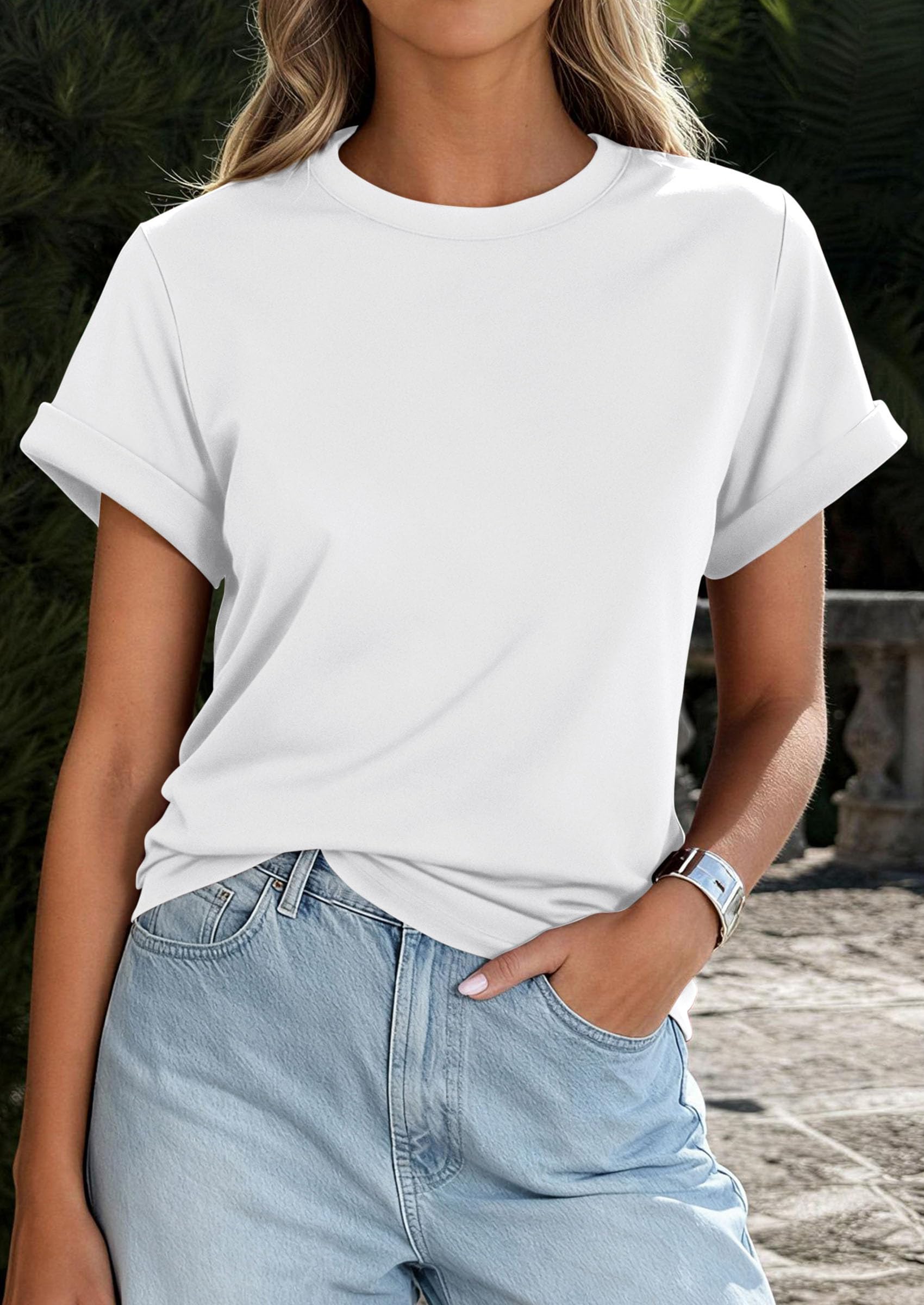 PRETTYGARDEN Womens Summer Tops Spring Casual Rolled Short Sleeve Basic Tees Crew Neck Work Shirts Fashion Clothing