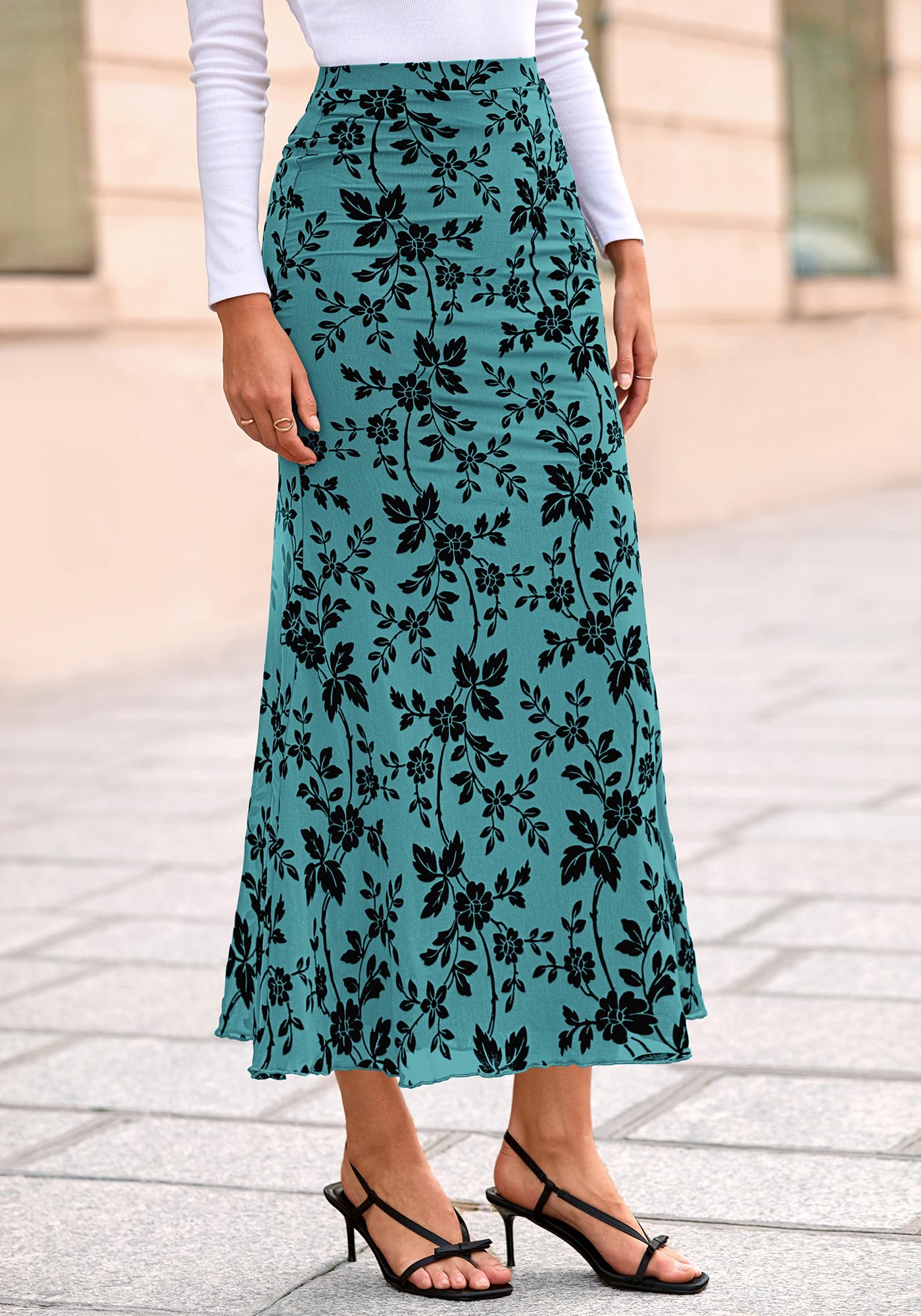 BTFBM Womens Floral Mesh Maxi Skirt Spring Summer Elastic High Waisted Boho Elegant Mermaid Long Skirts for Women