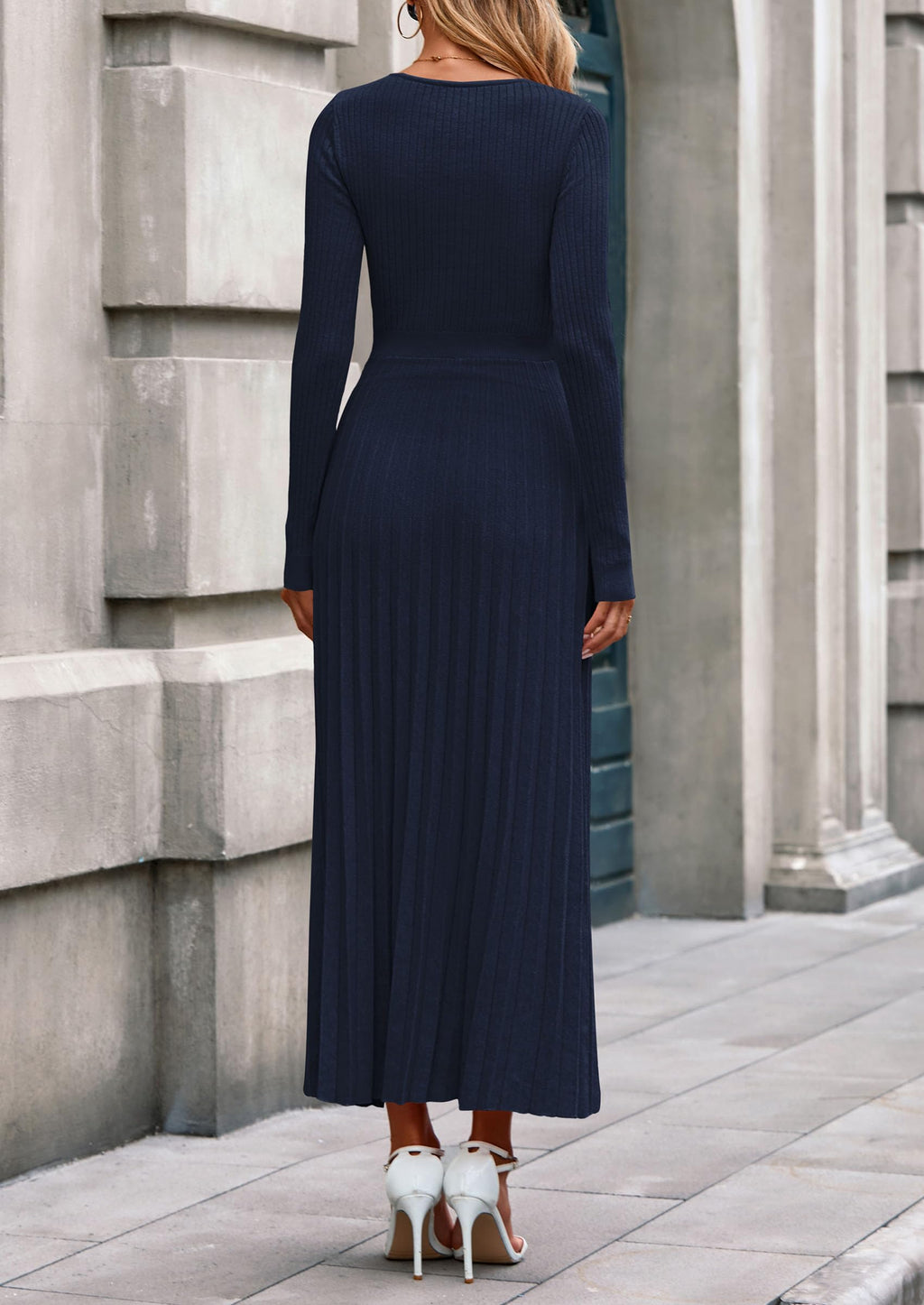 PRETTYGARDEN Women Sweater Dress Fall Fashion Long Sleeve V Neck Ribbed Knit Pleated A Line Elegant Maxi Winter Dresses