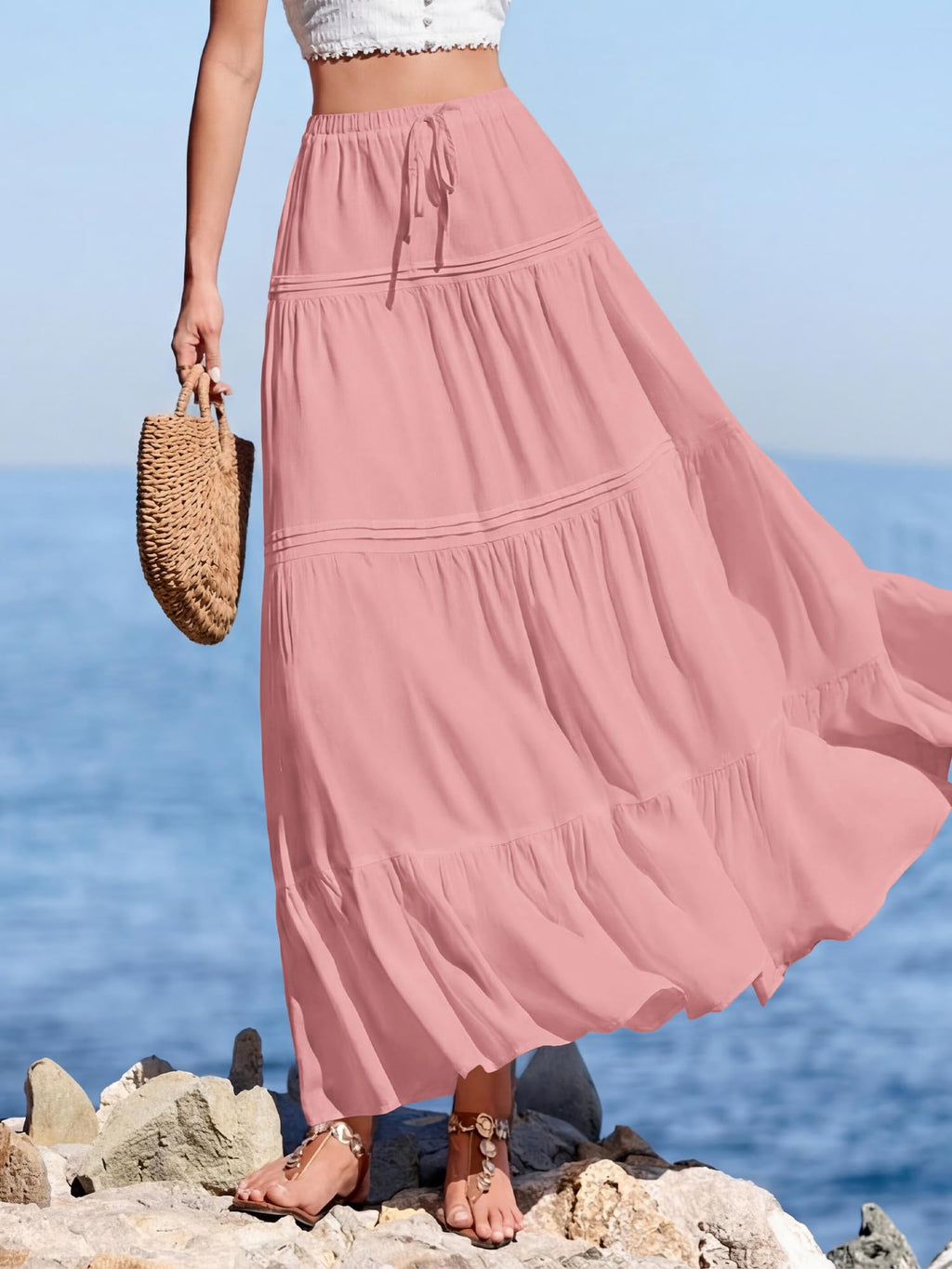 BTFBM Spring Skirts for Women Summer Boho Beach Vacation Clothes Casual Pleated High Waisted Flowy Maxi Skirt