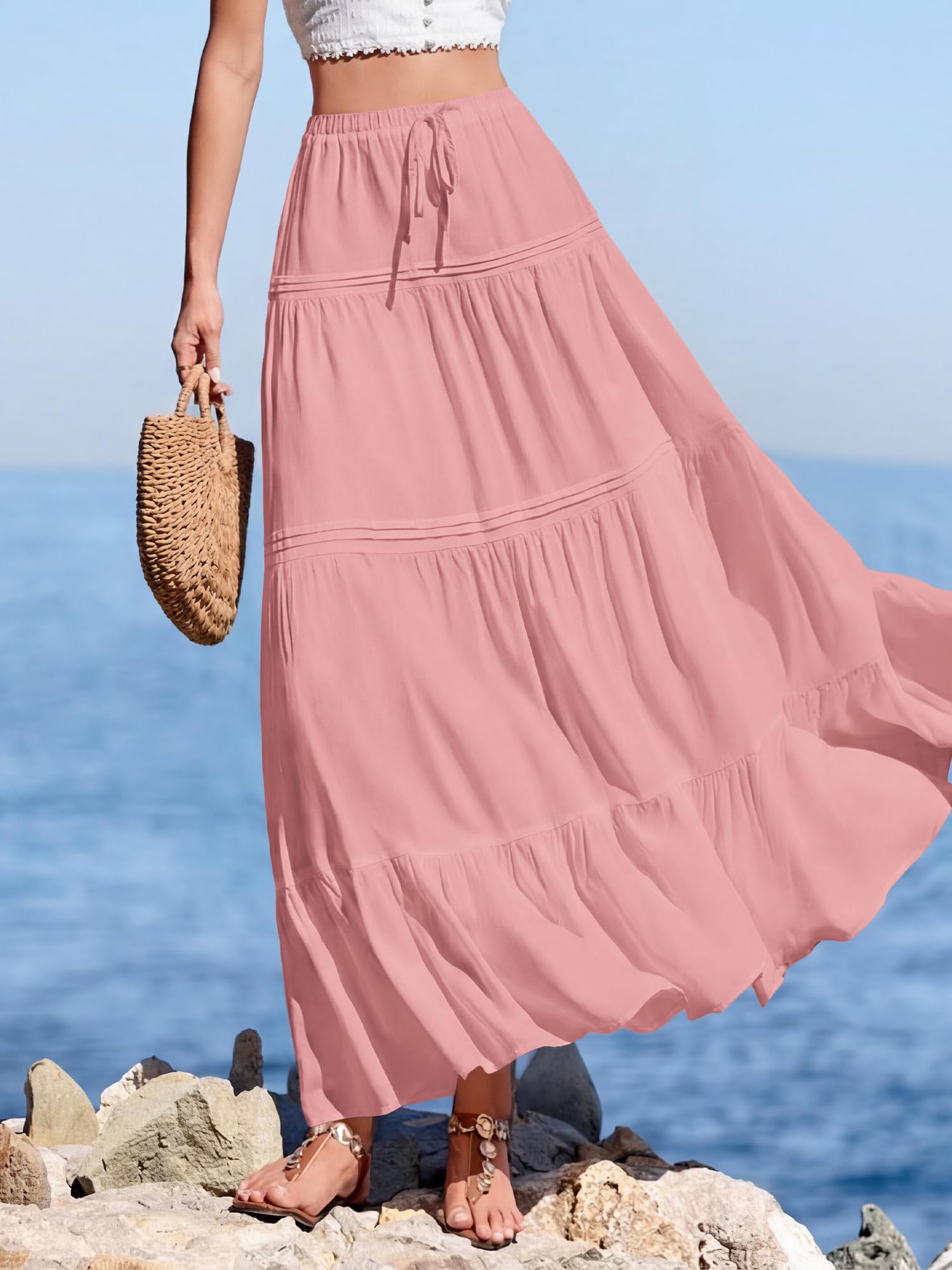 BTFBM Spring Skirts for Women Summer Boho Beach Vacation Clothes Casual Pleated High Waisted Flowy Maxi Skirt