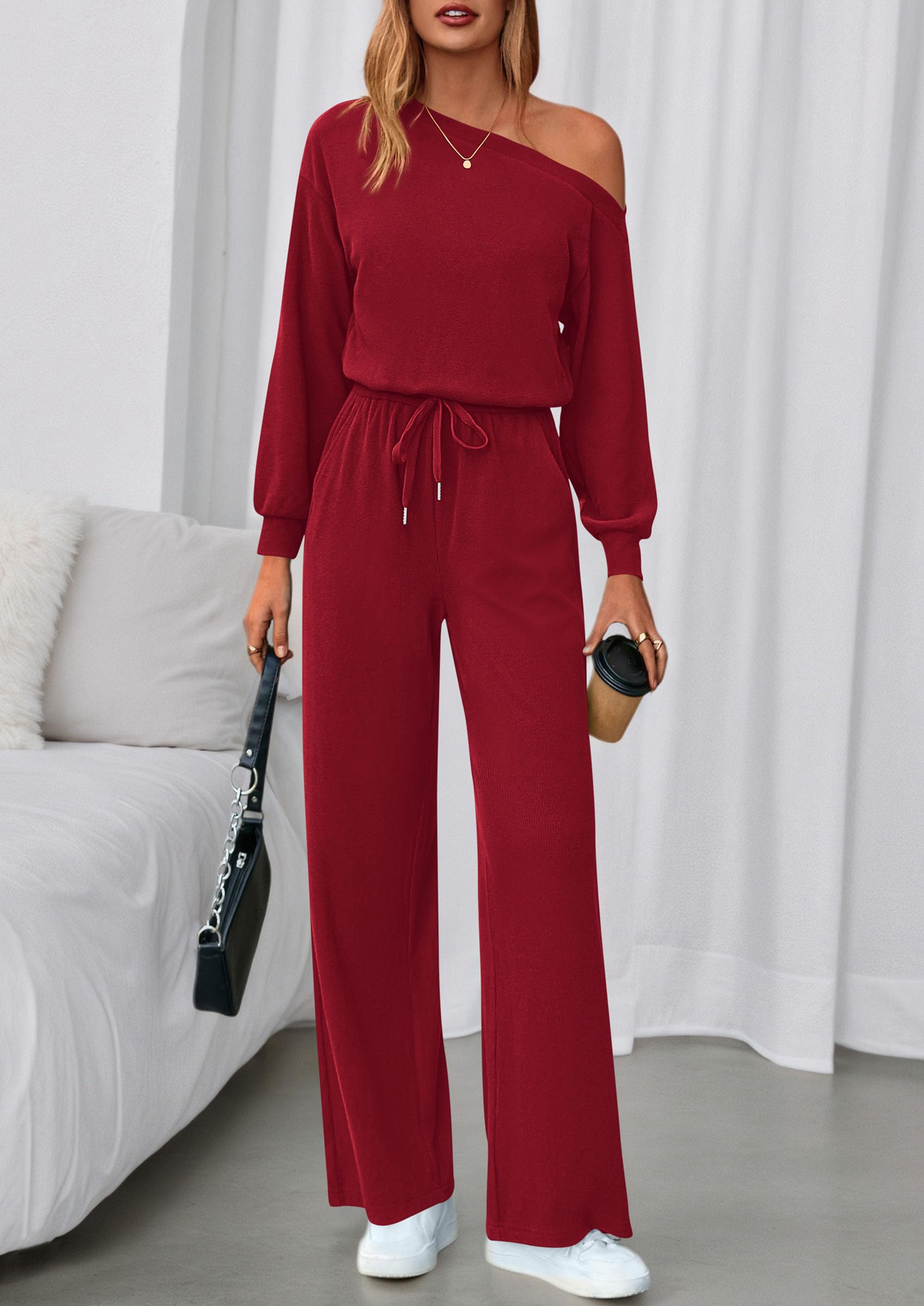 PRETTYGARDEN Long Sleeve Jumpsuit For Women Dressy Off Shoulder One Piece Loose Wide Leg Jumpsuits Casual Flowy Romper