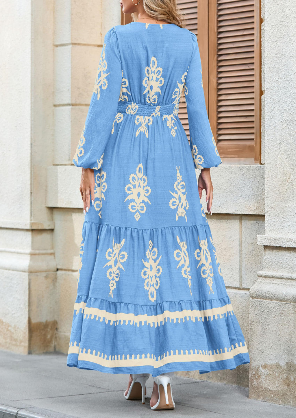 PRETTYGARDEN Women's Fall Wedding Guest Dresses Boho Floral Long Sleeve V Neck Flowy Elegant Maxi Dress Beach Clothes