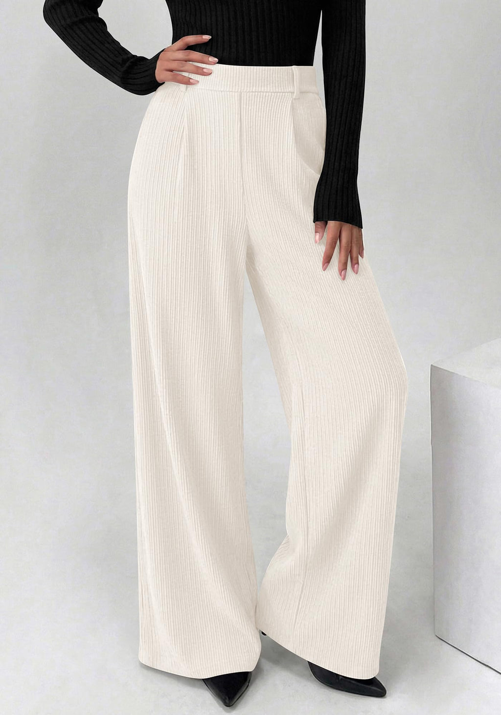 BTFBM Wide Leg Pants for Women Dressy Work Business Casual Elastic High Waisted Trousers Ribbed Lounge Palazzo Pants