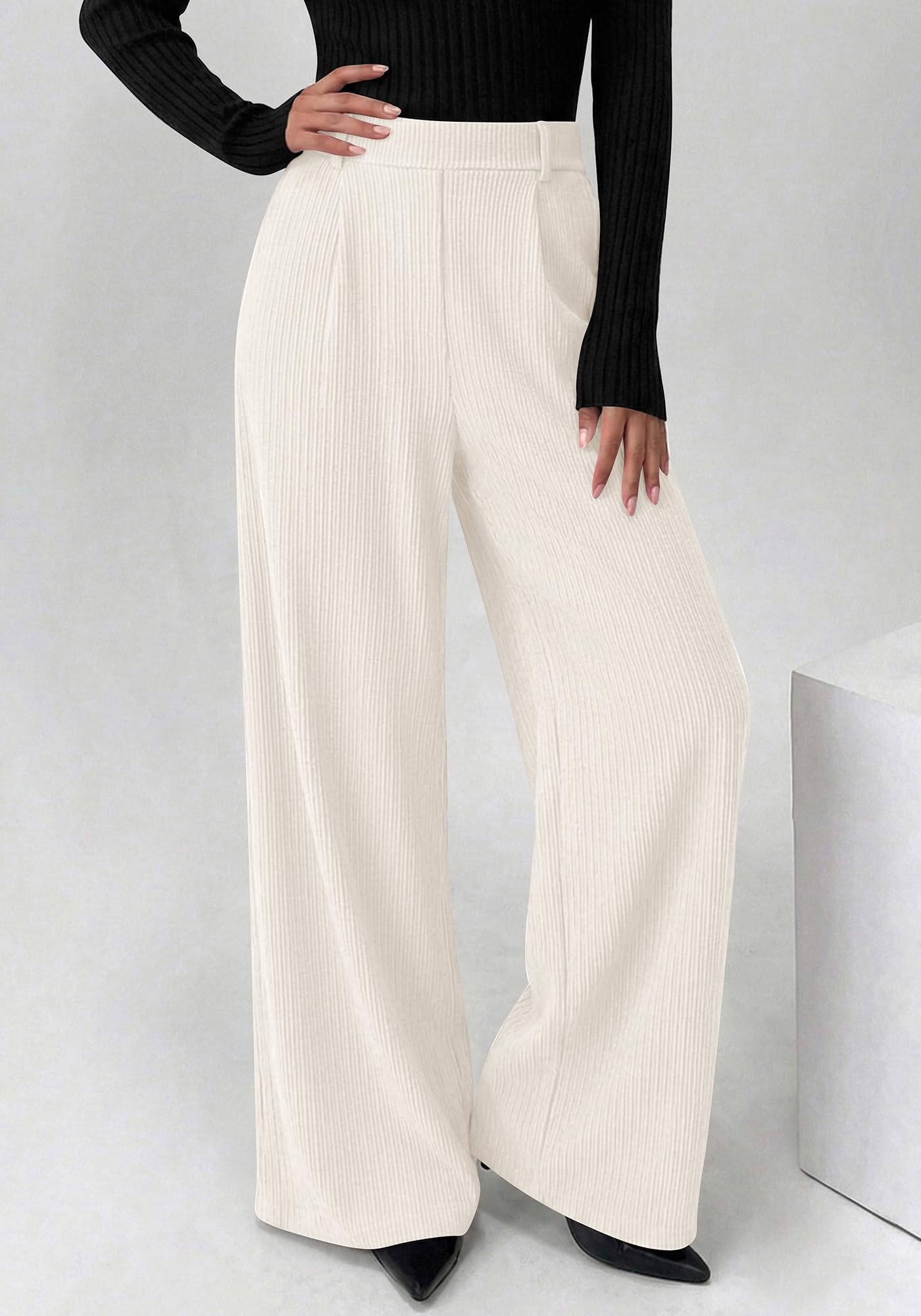 BTFBM Wide Leg Pants for Women Dressy Work Business Casual Elastic High Waisted Trousers Ribbed Lounge Palazzo Pants