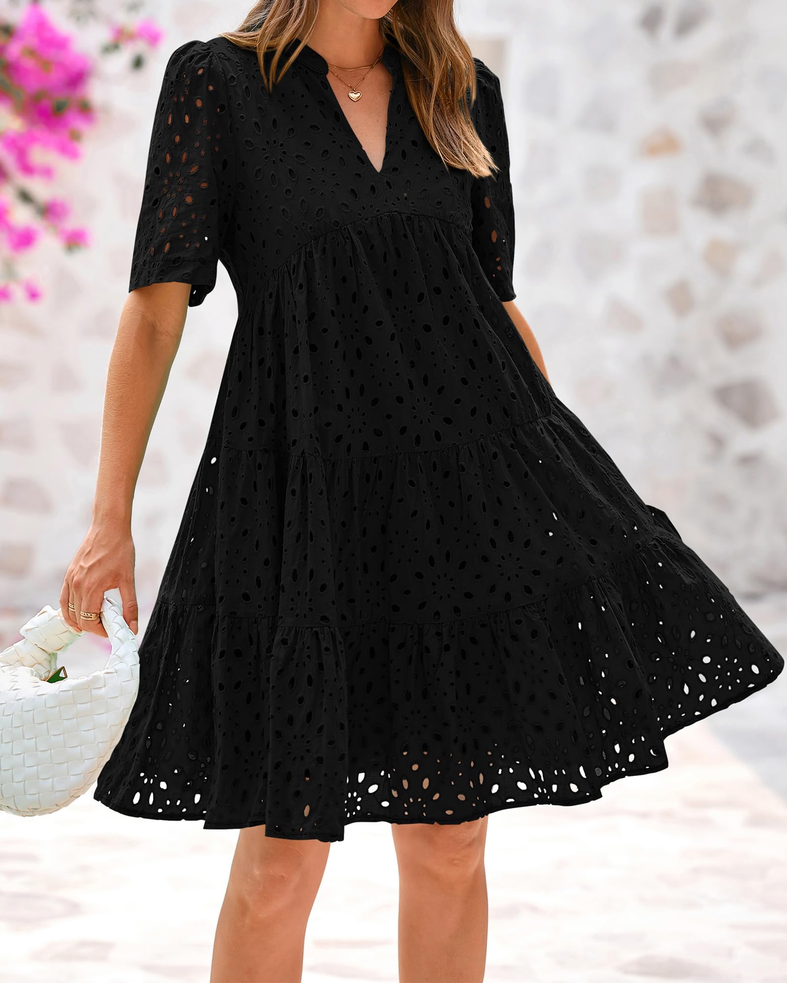 BTFBM Womens Boho Summer Dresses Spring V Neck Short Sleeve Hollow Out Lace Ruffle Casual Beach Mini Vacation Dress