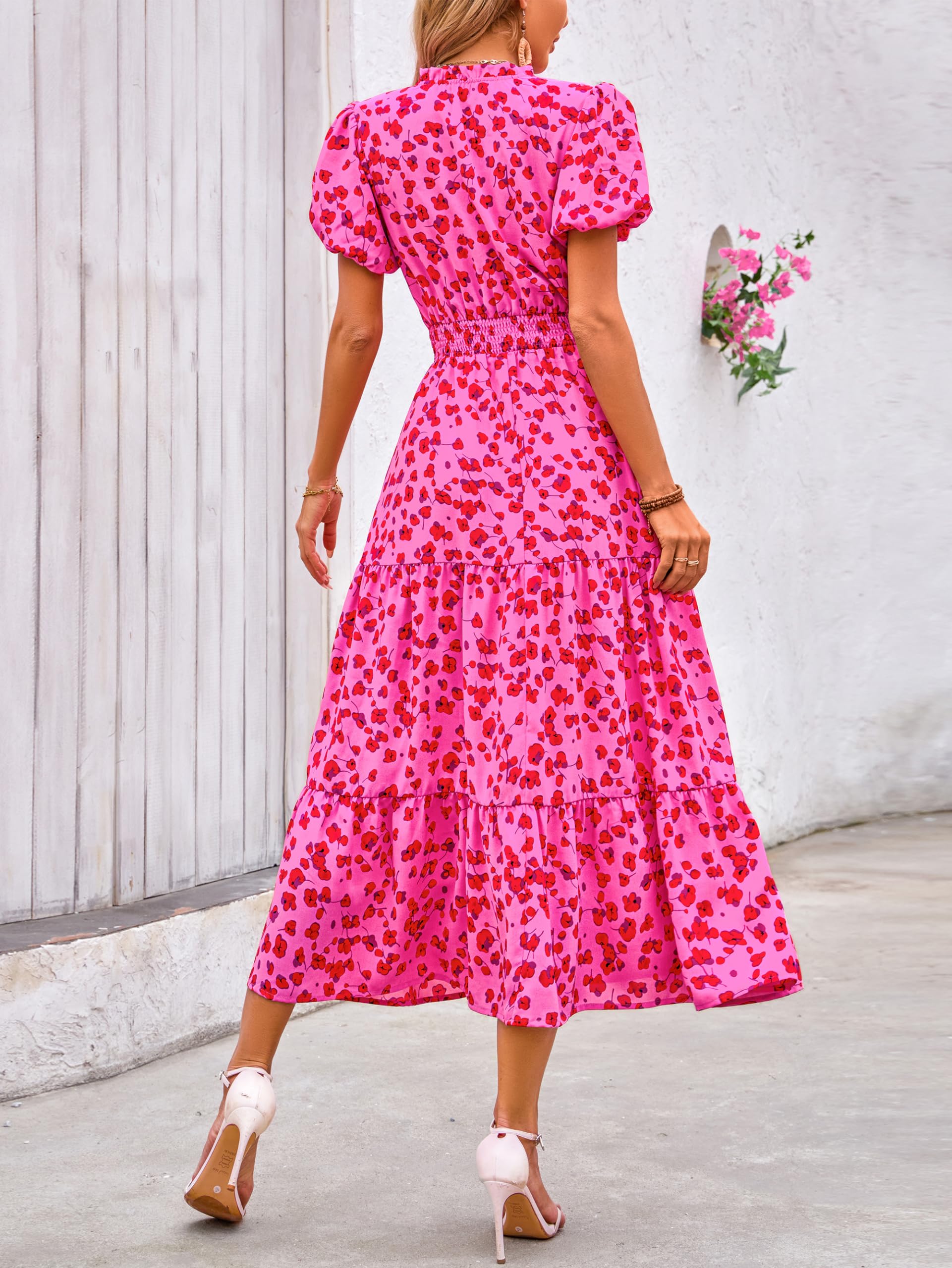 PRETTYGARDEN Summer Maxi Dresses for Women  Casual V Neck Puff Short Sleeve Smocked Flowy Beach Boho Long Floral Dress