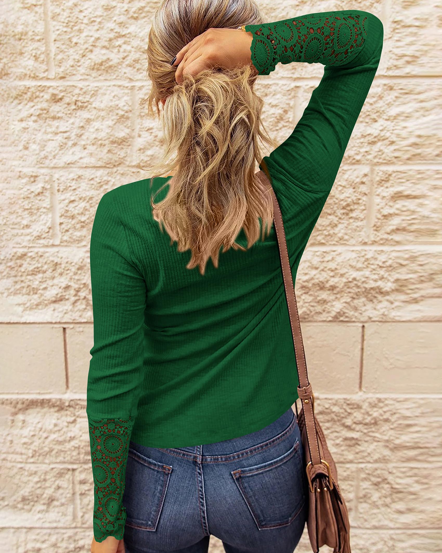 FreshPretty Women Long Sleeve Shirts Spring Solid Button Up V Neck Lace Long Sleeves Slim Fit Knit Casual Fall T-Shirts