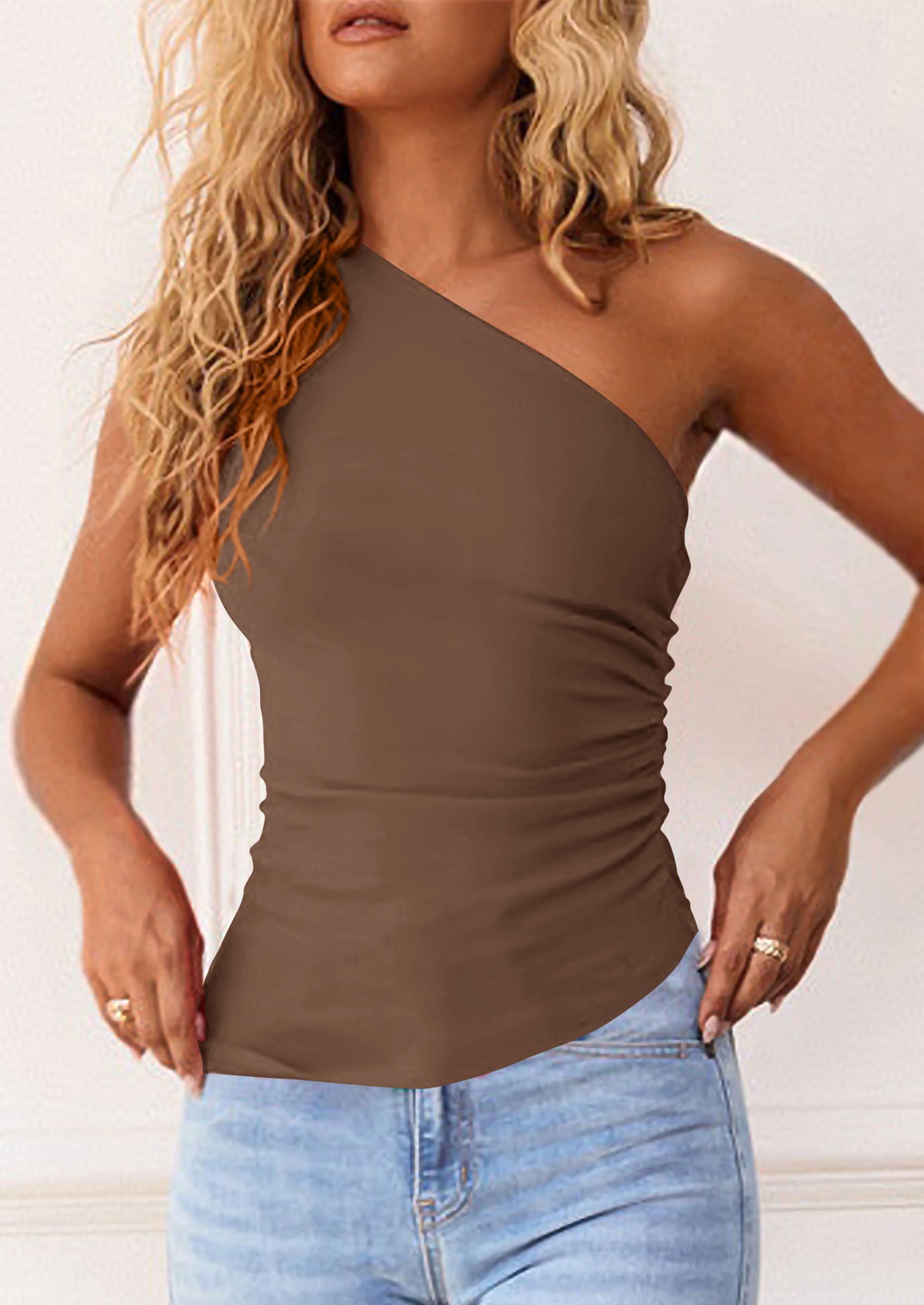 PRETTYGARDEN Womens  Summer Y2K Tops Sleeveless One Shoulder Slim Fit Shirts Ruched Knit Asymmetrical Top Blouse