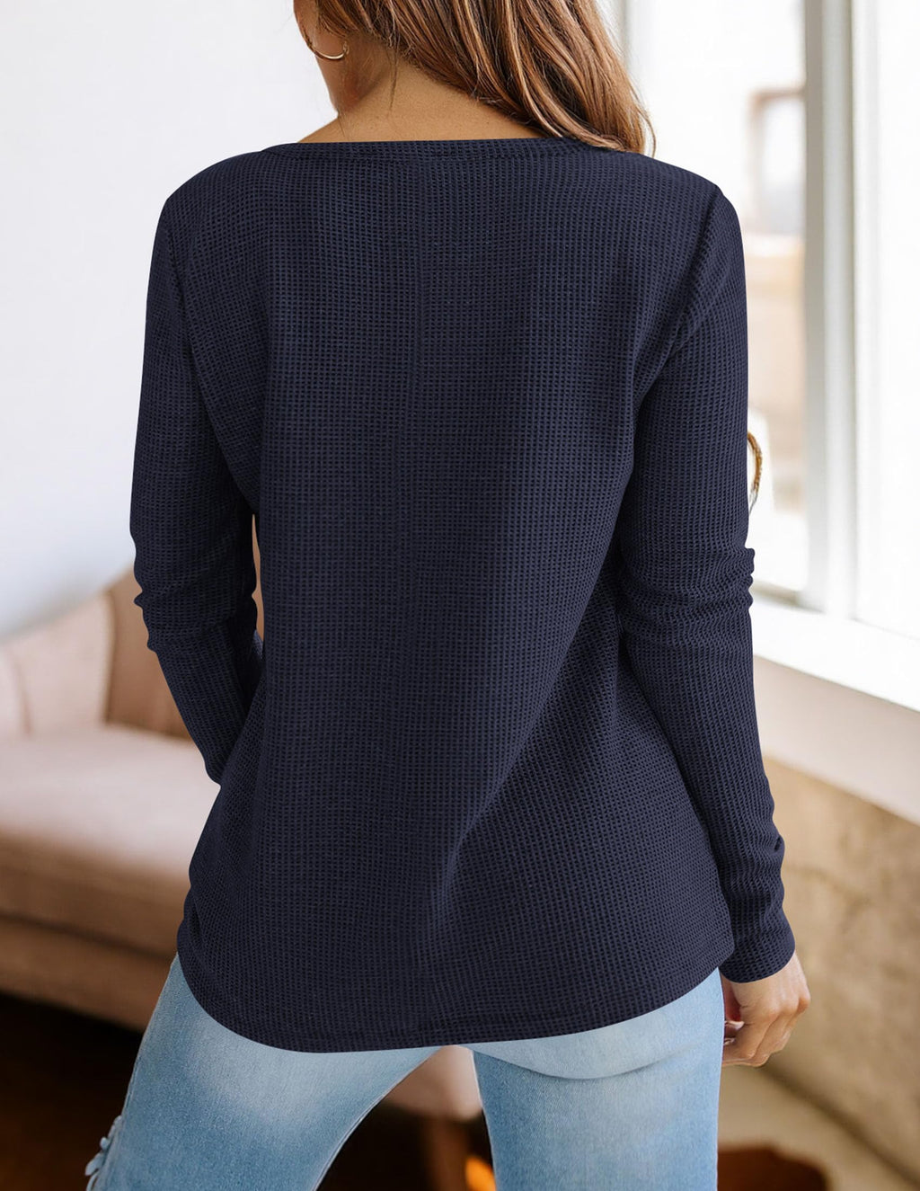 PRETTYGARDEN Long Sleeve Shirts for Women Fall V Neck Waffle Basic Tee Dressy Casual Winter Blouses Knit Tunic Tops