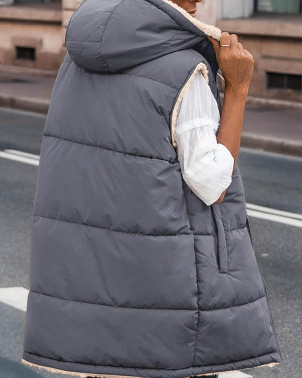 BTFBM Long Puffer Vest Women Fleece Sherpa Jacket Sleeveless Hooded Reversible Zip Up Winter Coat Fall Vests Outerwear