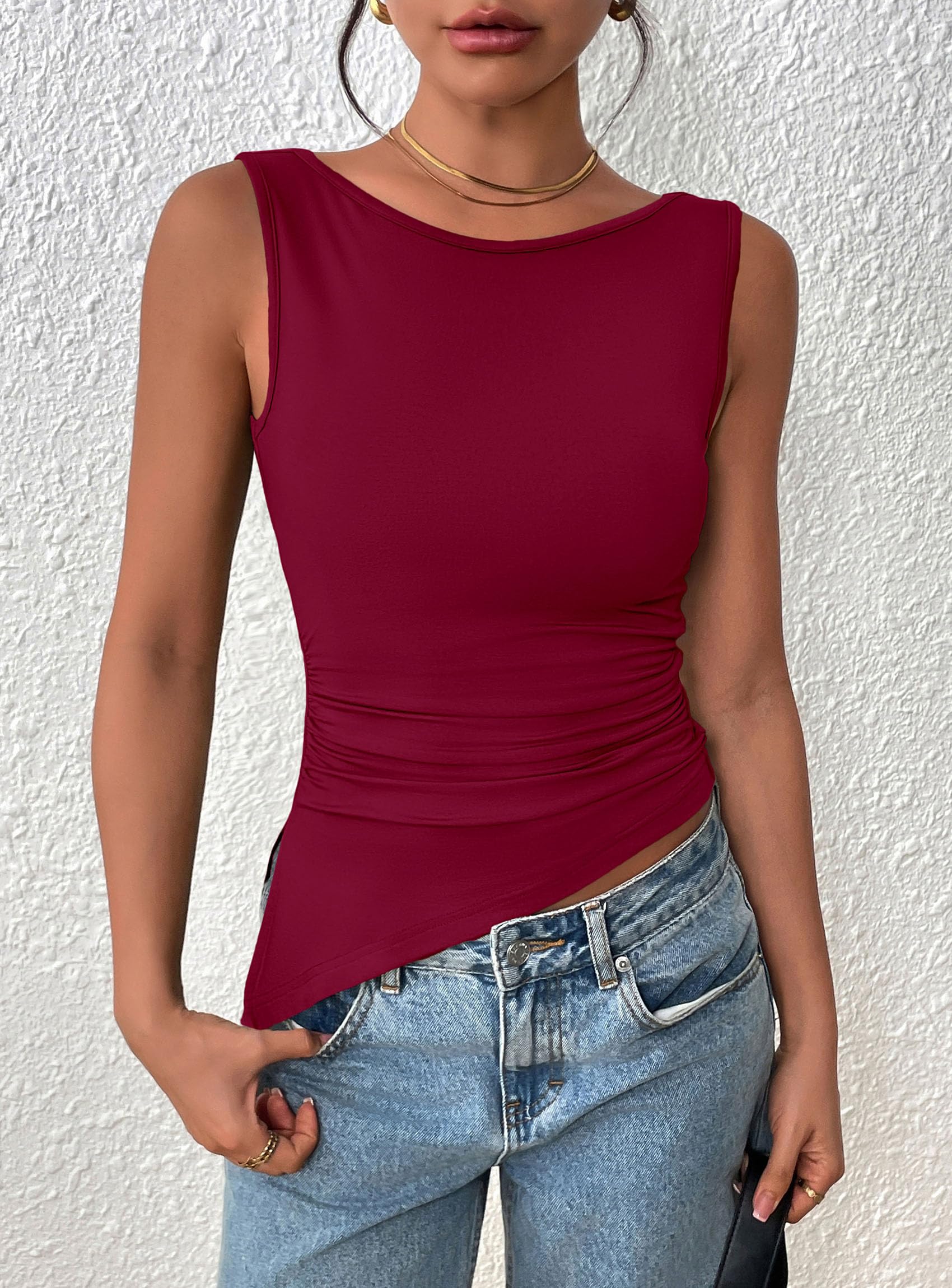 PRETTYGARDEN Womens Ruched Tank Tops  Summer Sleeveless Slim Fit T Shirts Blouses Going Out Y2K Fashion Clothes