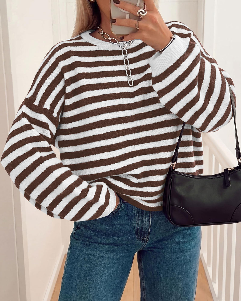 BTFBM Women's Lightweight Oversized Striped Sweater | Soft Knit Cozy Sweaters, Crew Neck Long Sleeve Pullover, y2k Color Block, Casual Holiday Outfits, Winter Fall Clothes