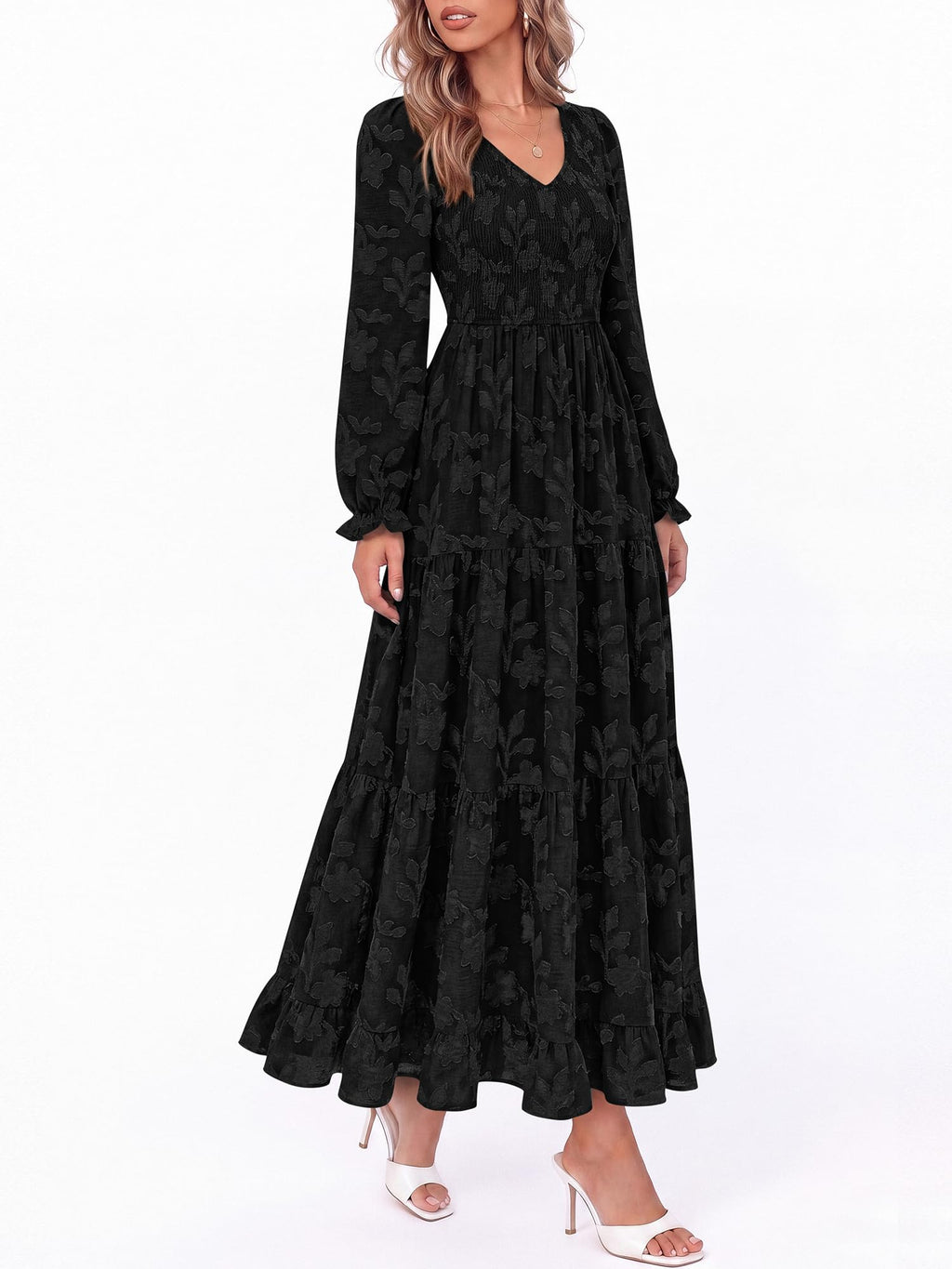 FreshPretty Womens Long Sleeve V Neck Wedding Guest Maxi Dress,Casual Floral Boho Flowy Smocked Long Dresses With Pockets, High Waist, A Line, 2026 Fall Semi Formal Cocktail Party Dress