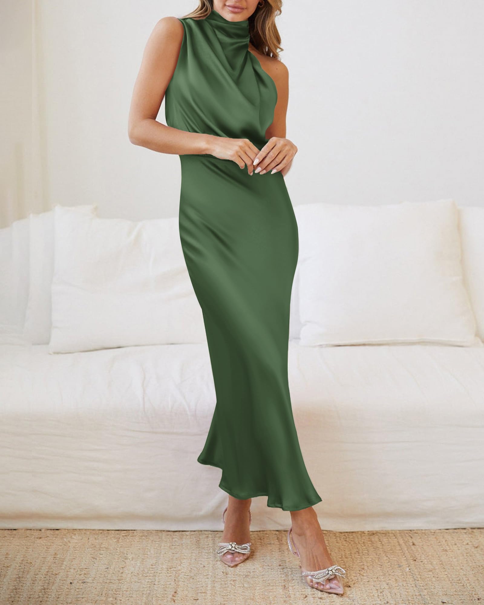 BTFBM Cocktail Dresses for Women Summer Satin Silk Sleeveless Mock Neck Maxi Wedding Guest Dress Spring Outfits