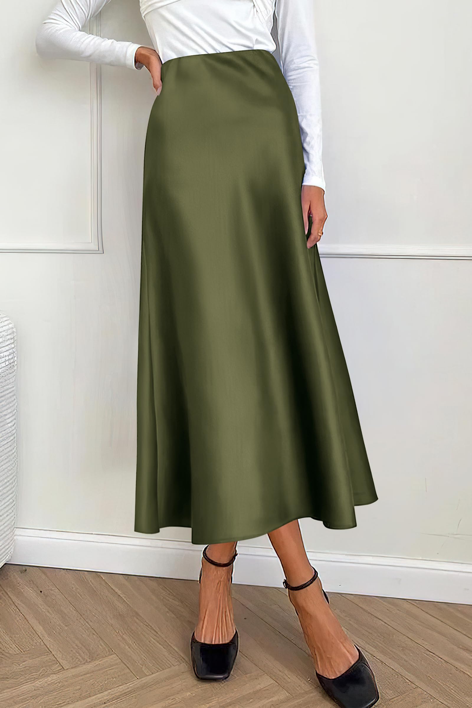 PRETTYGARDEN Women's Satin Skirts Dressy Casual Fall High Waisted Cocktail Wedding Flowy Elegant A Line Midi Skirt