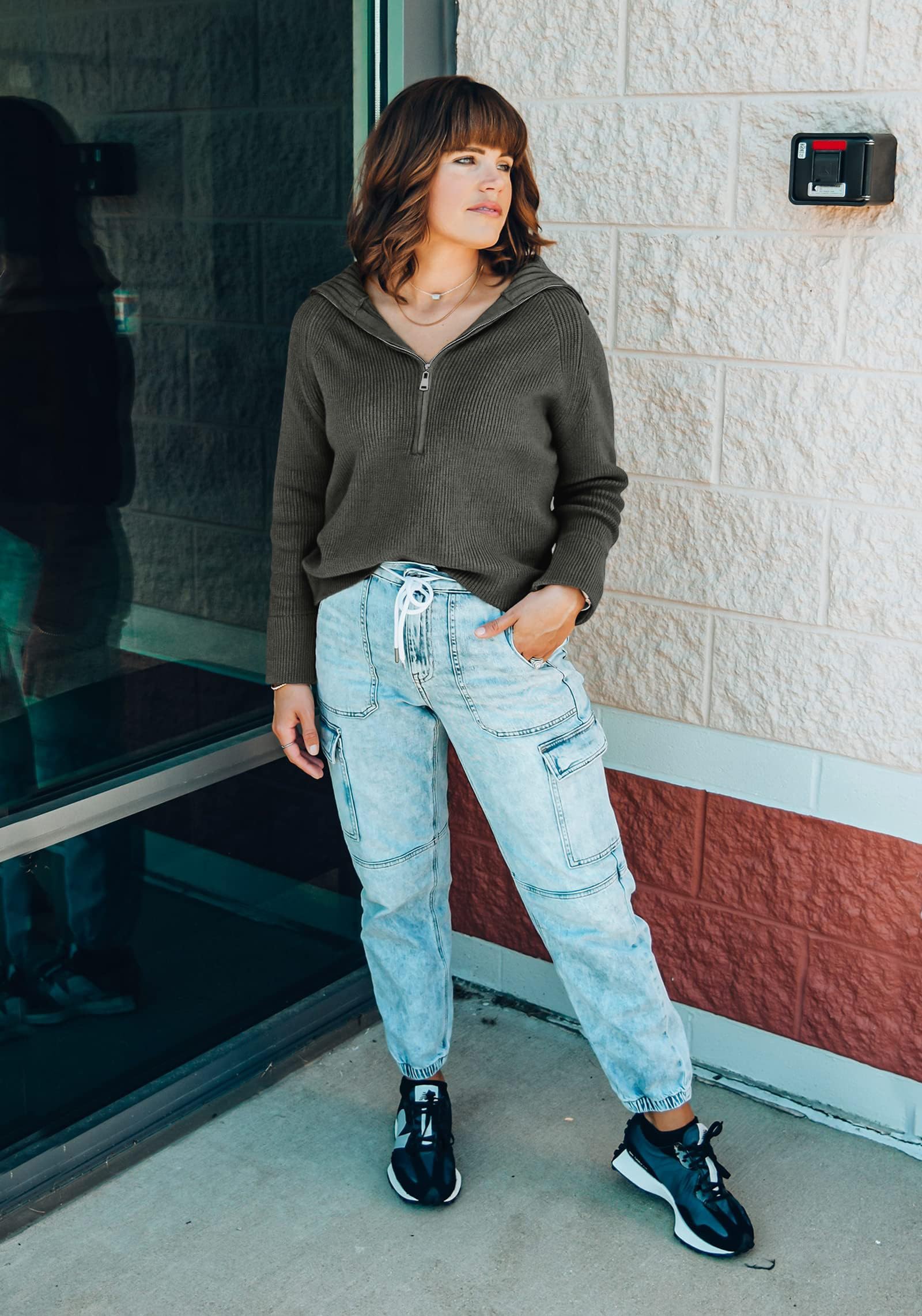 FreshPretty Womens Sweaters Quarter Zip Pullover V Neck Collar Long Sleeve Ribbed Knit Loose Casual Winter Fall Sweater