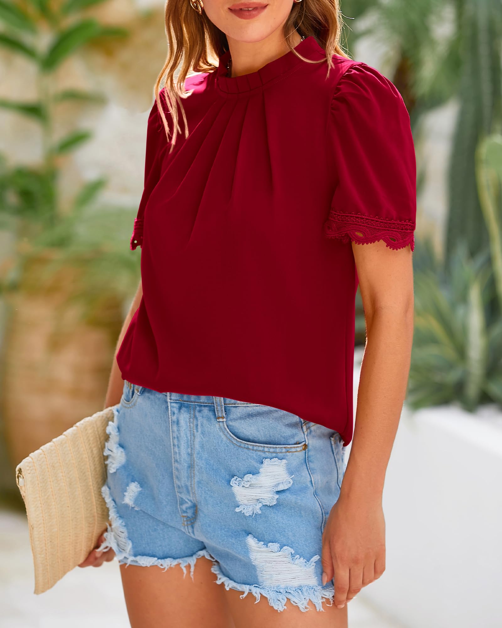 FreshPretty Women's Dressy Casual Blouses Business Work Tops Lace Trim Short Sleeve Office Shirts Summer Spring Outfits