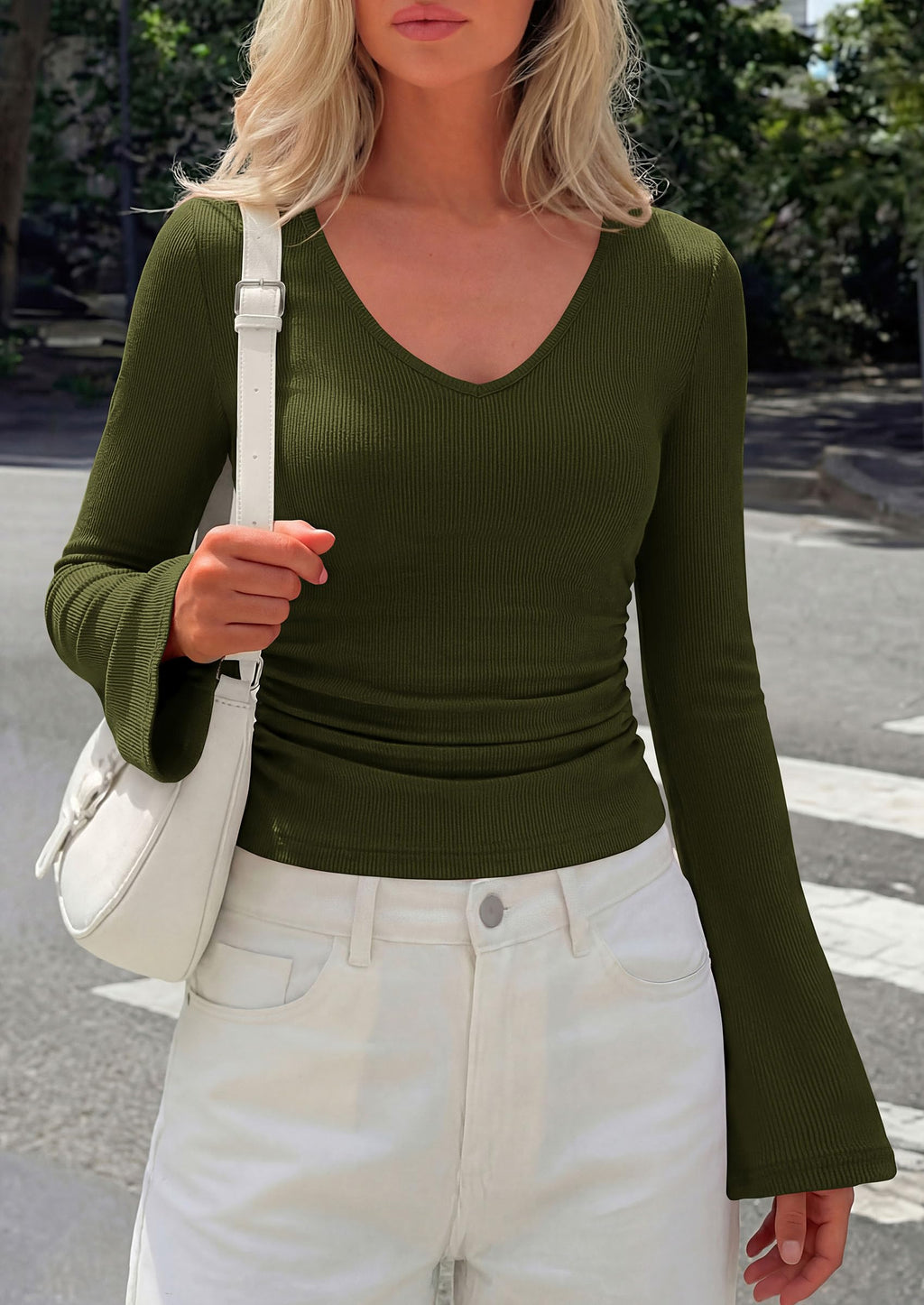 PRETTYGARDEN Women's Fall Trendy Bell Long Sleeve Tops | Soft Stretchy,Ribbed Textured,V Neck,Slim Fitted Shirts,Ruched Basic Tees,Y2K Going Out,Casual Outfits,Fashion Clothing