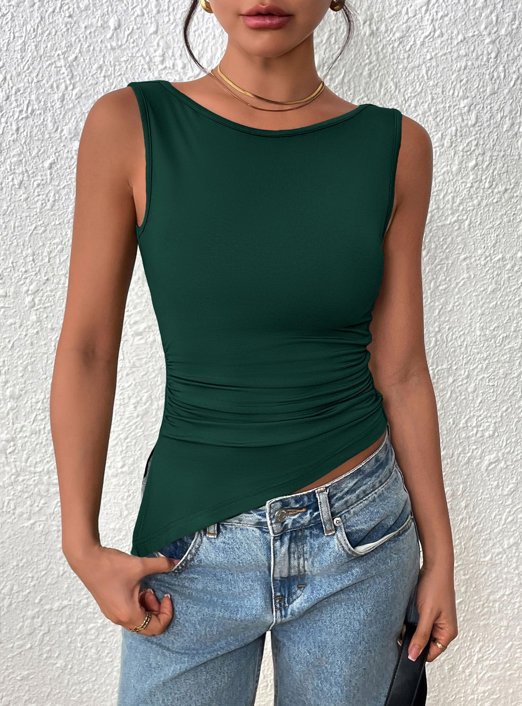 PRETTYGARDEN Womens Ruched Tank Tops  Summer Sleeveless Slim Fit T Shirts Blouses Going Out Y2K Fashion Clothes
