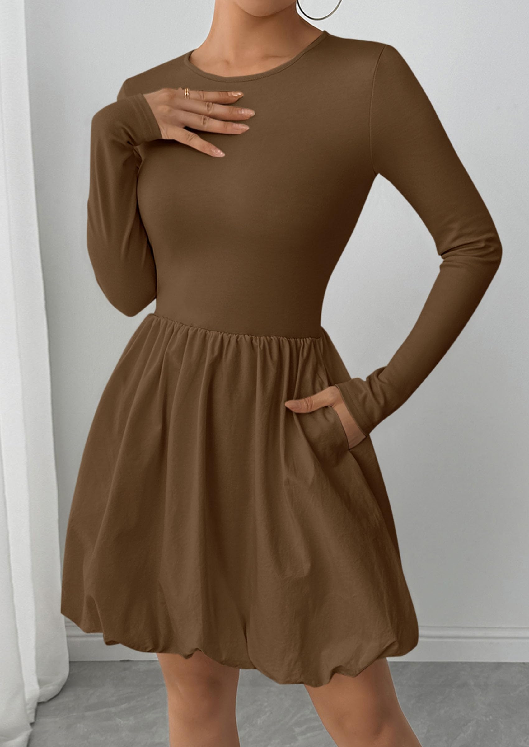 PRETTYGARDEN Fall Dresses for Women Casual Long Sleeve Bubble Cute Crew Neck A Line Mini Short Dress with Pockets