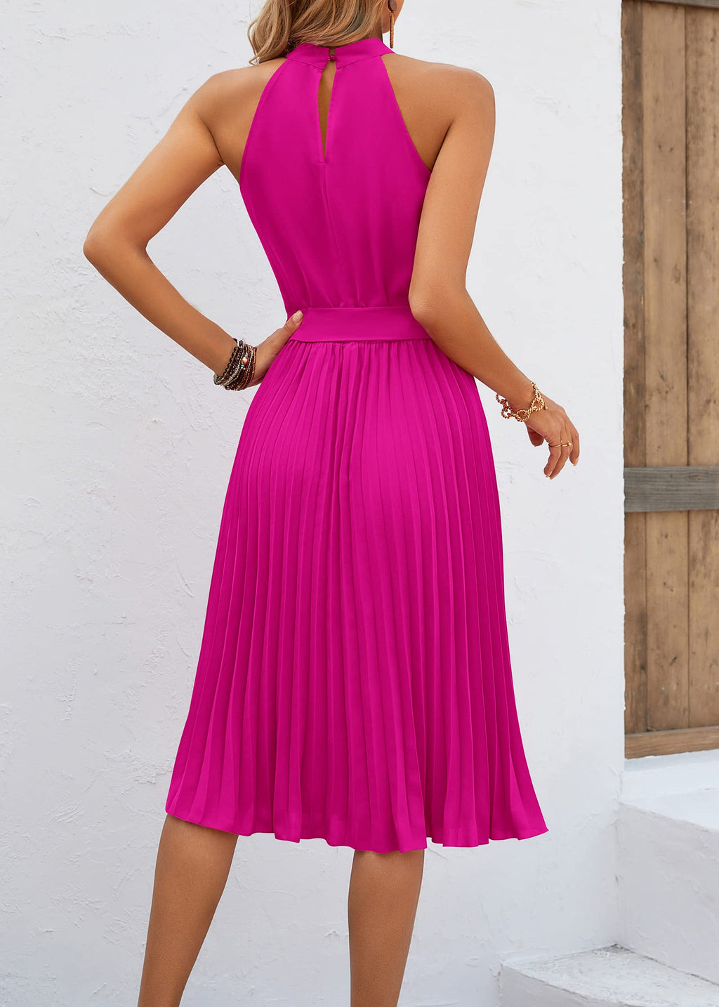 FreshPretty Women's Summer Sleeveless Halter Neck Pleated Midi Cocktail Dresses A Line Flowy Beach Sun Dress with Belt