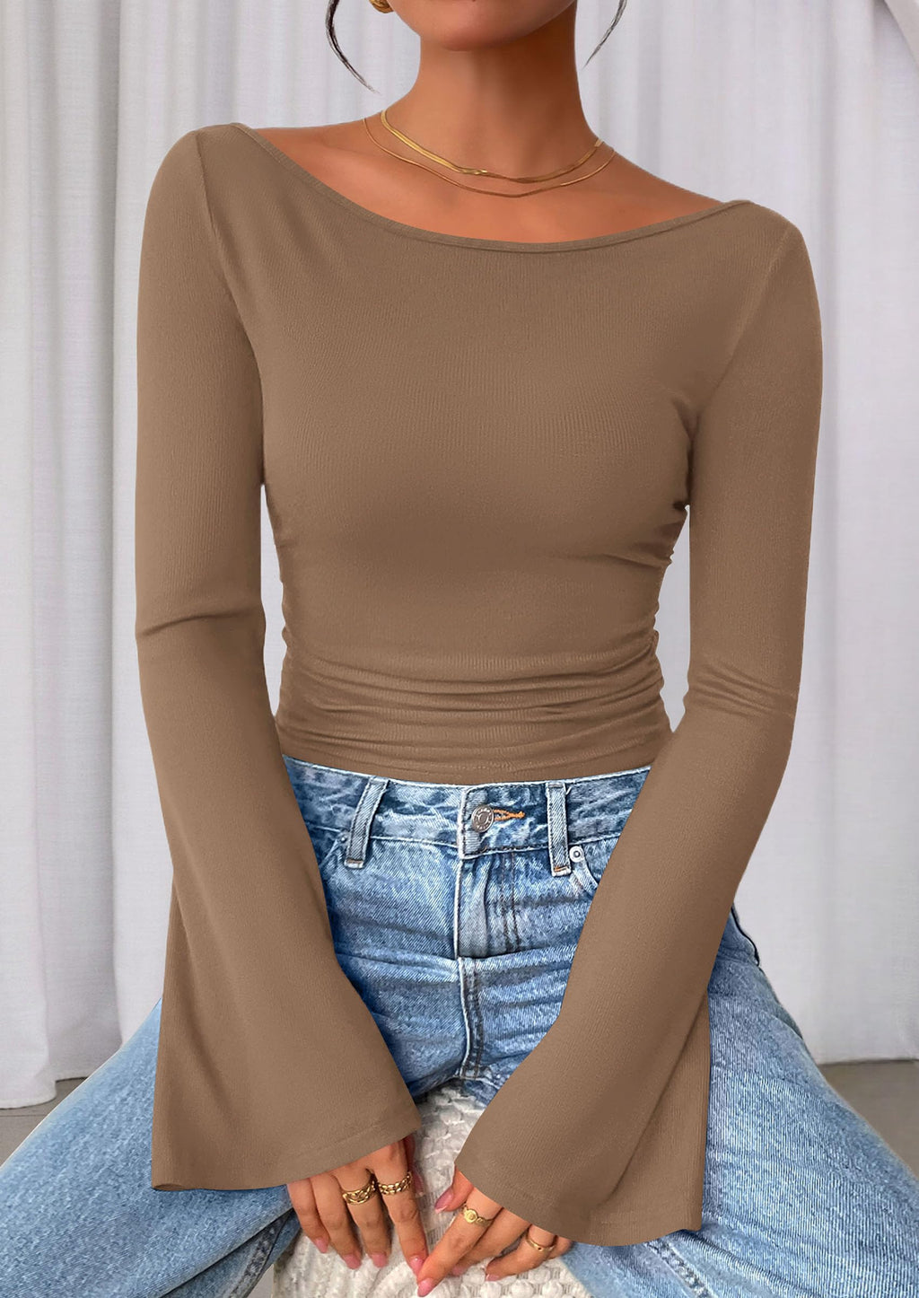 PRETTYGARDEN Women's Long Sleeve Shirts Fall Crop Going Out Tops Casual Boat Neck Bell Sleeve Ribbed Ruched Y2K Clothes
