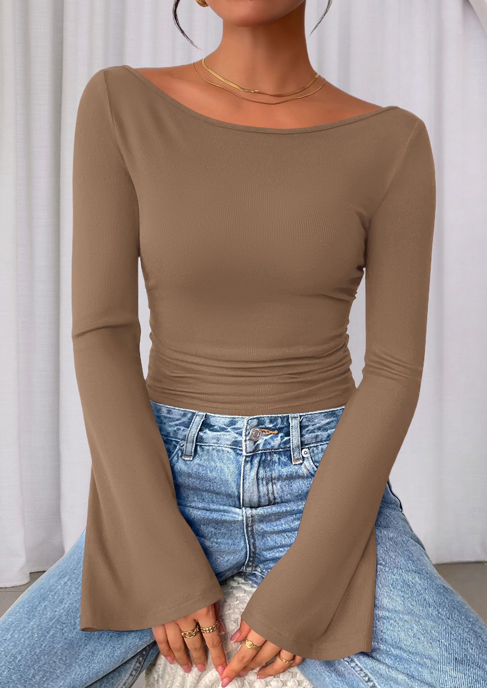PRETTYGARDEN Women's Long Sleeve Shirts Fall Crop Going Out Tops Casual Boat Neck Bell Sleeve Ribbed Ruched Y2K Clothes