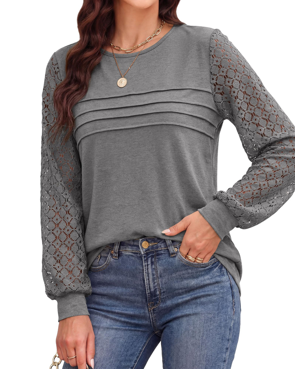 BTFBM Women's Long Sleeve Shirts Dressy Lace Fall Tops Trendy Business Casual T-Shirts Cute Work Outfits Blouses