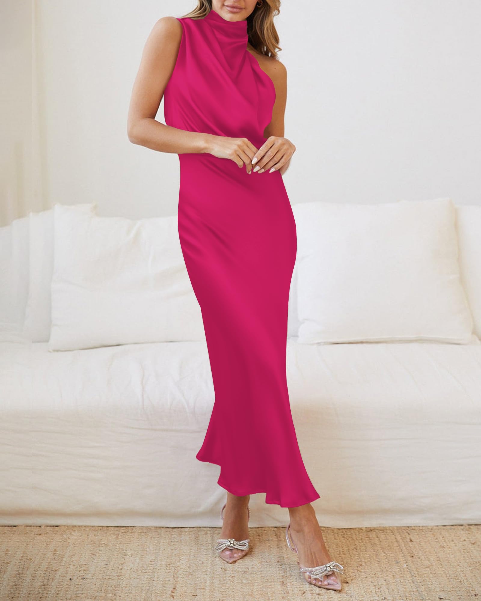 BTFBM Cocktail Dresses for Women Summer Satin Silk Sleeveless Mock Neck Maxi Wedding Guest Dress Spring Outfits