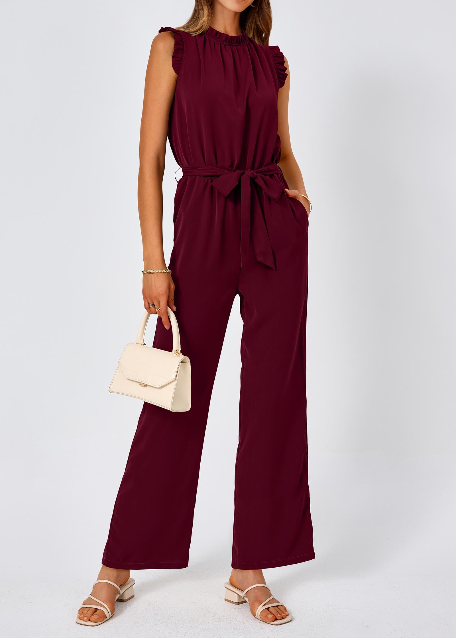 FreshPretty Jumpsuits For Women Dressy Summer One Piece Sleeveless Ruffle Mock Neck Belt Pockets Formal Wide Leg Pants Romper